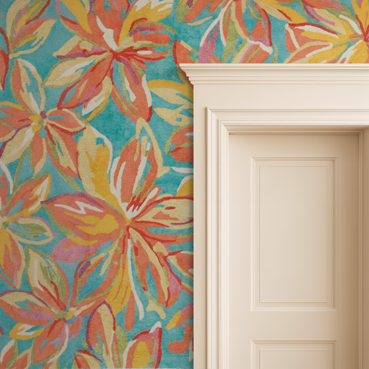 Vibrant floral wallpaper with coral and yellow motifs on aqua background beside a cream door.