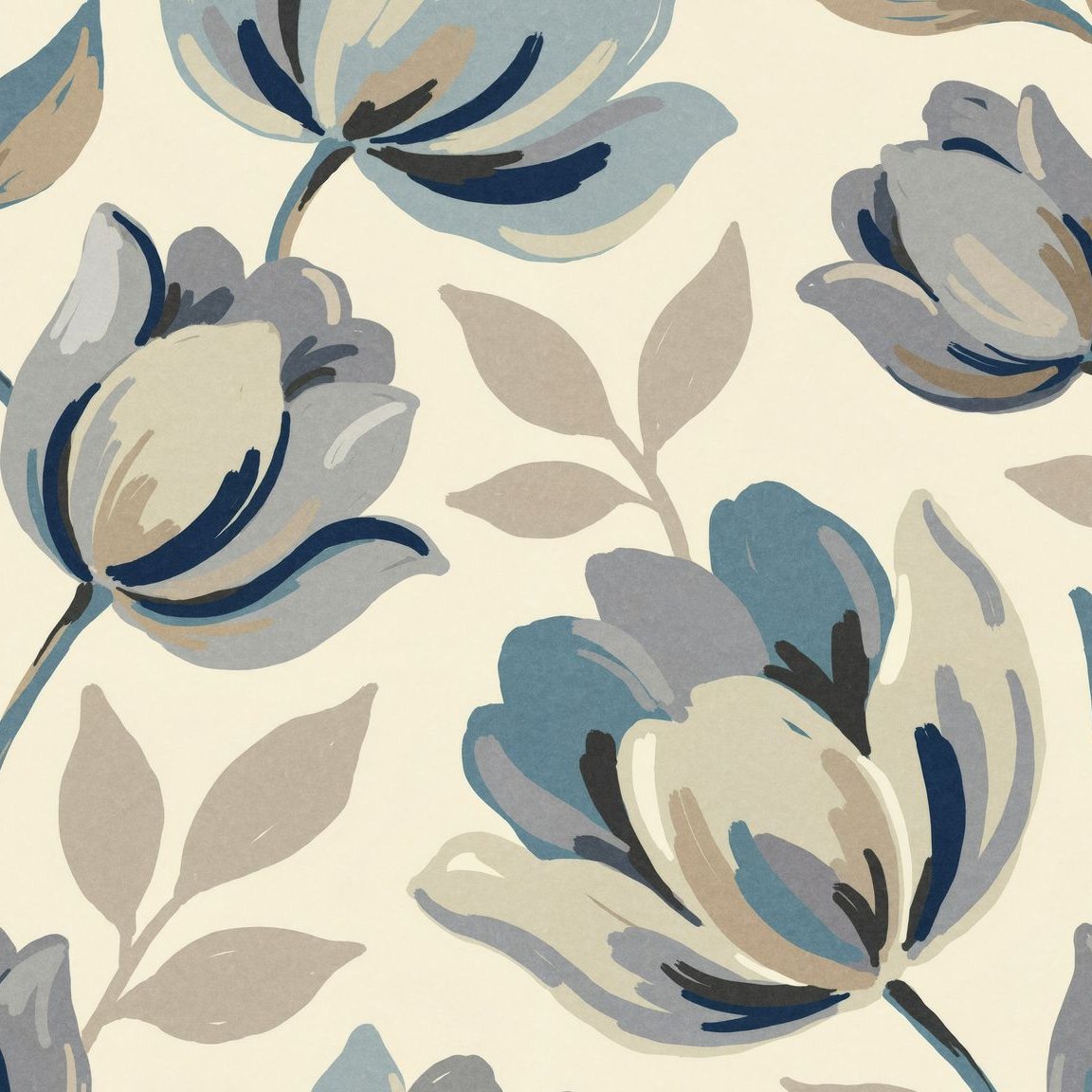 Bloomsbury wallpaper with muted blue and gray floral pattern on cream background.