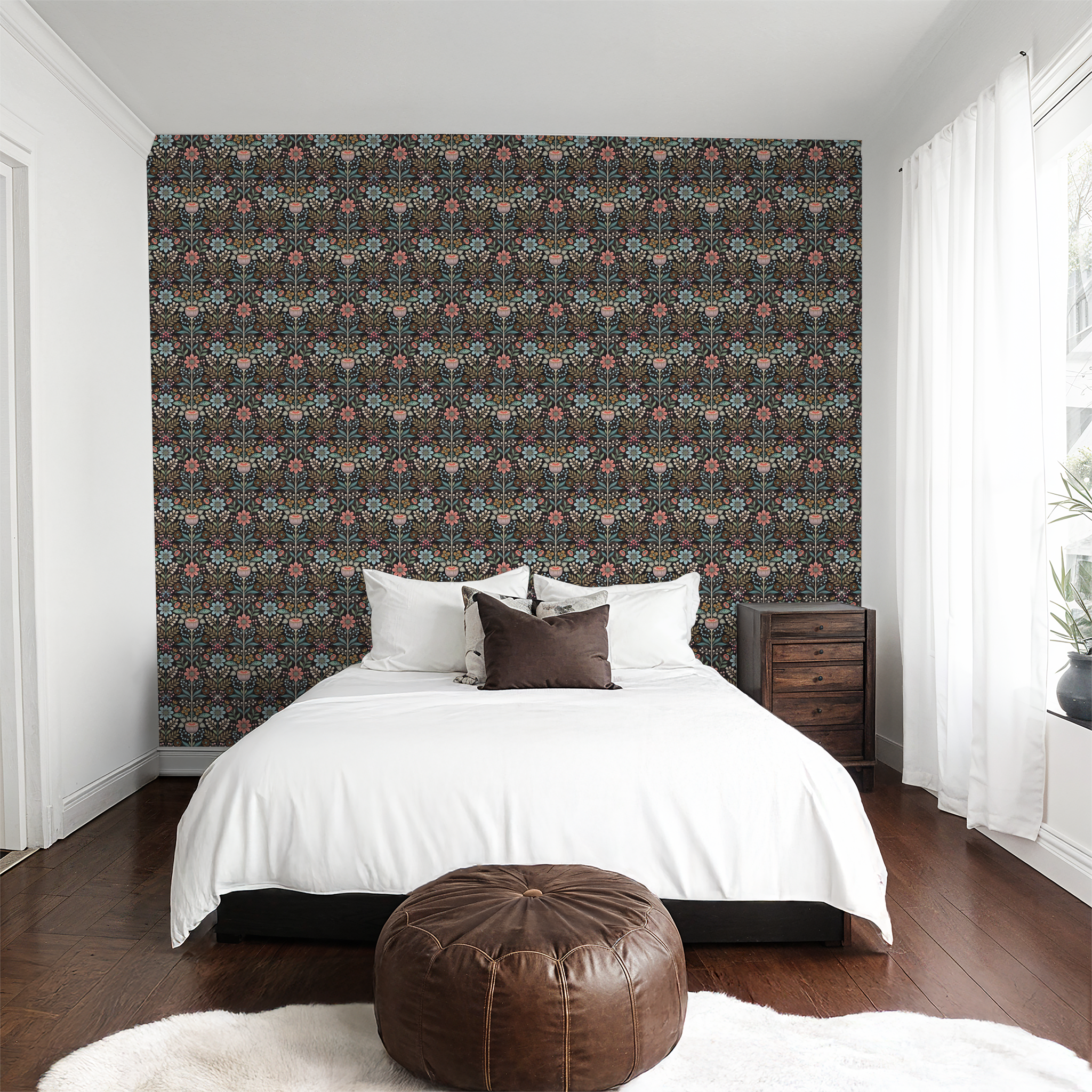 Bloomshire floral wallpaper with pink and blue flowers on black in modern bedroom.