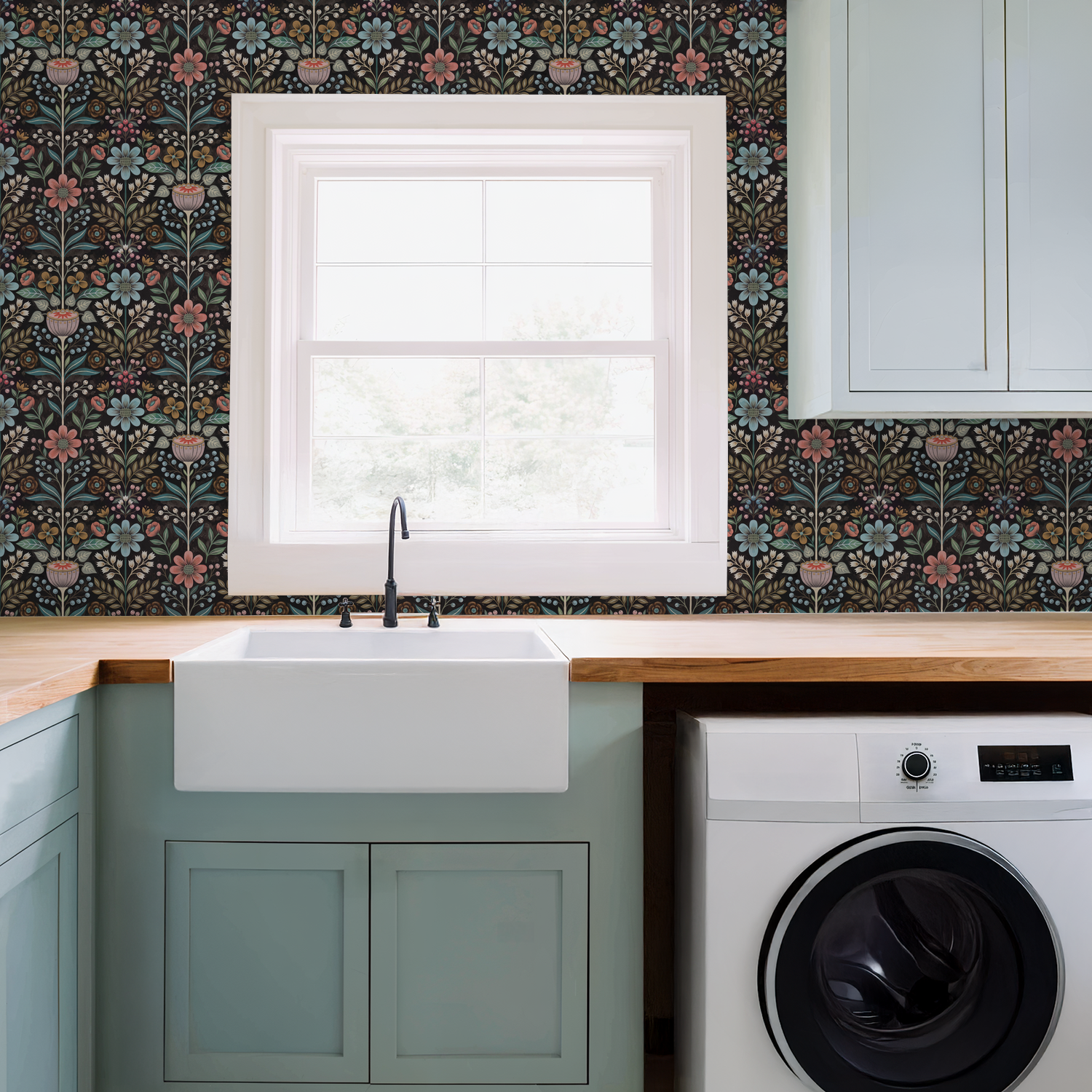 Bloomshire floral wallpaper with pink, blue, and green flowers in a kitchen setting.