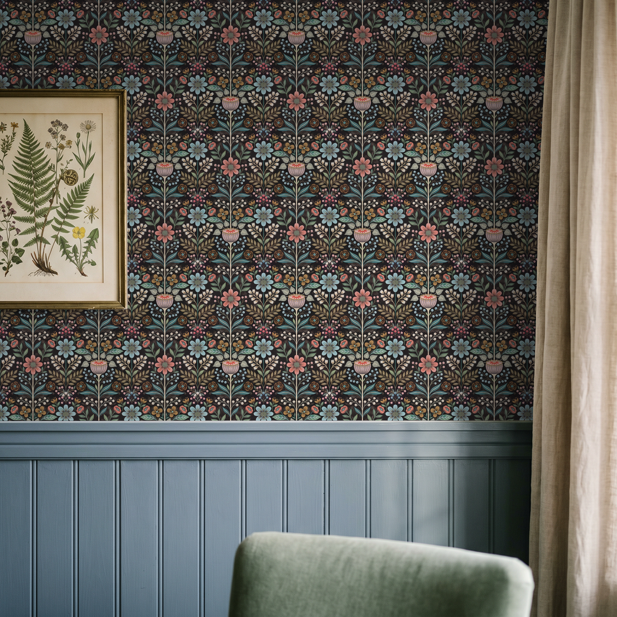 Floral wallpaper with pink and blue flowers on black in a cozy room setting.