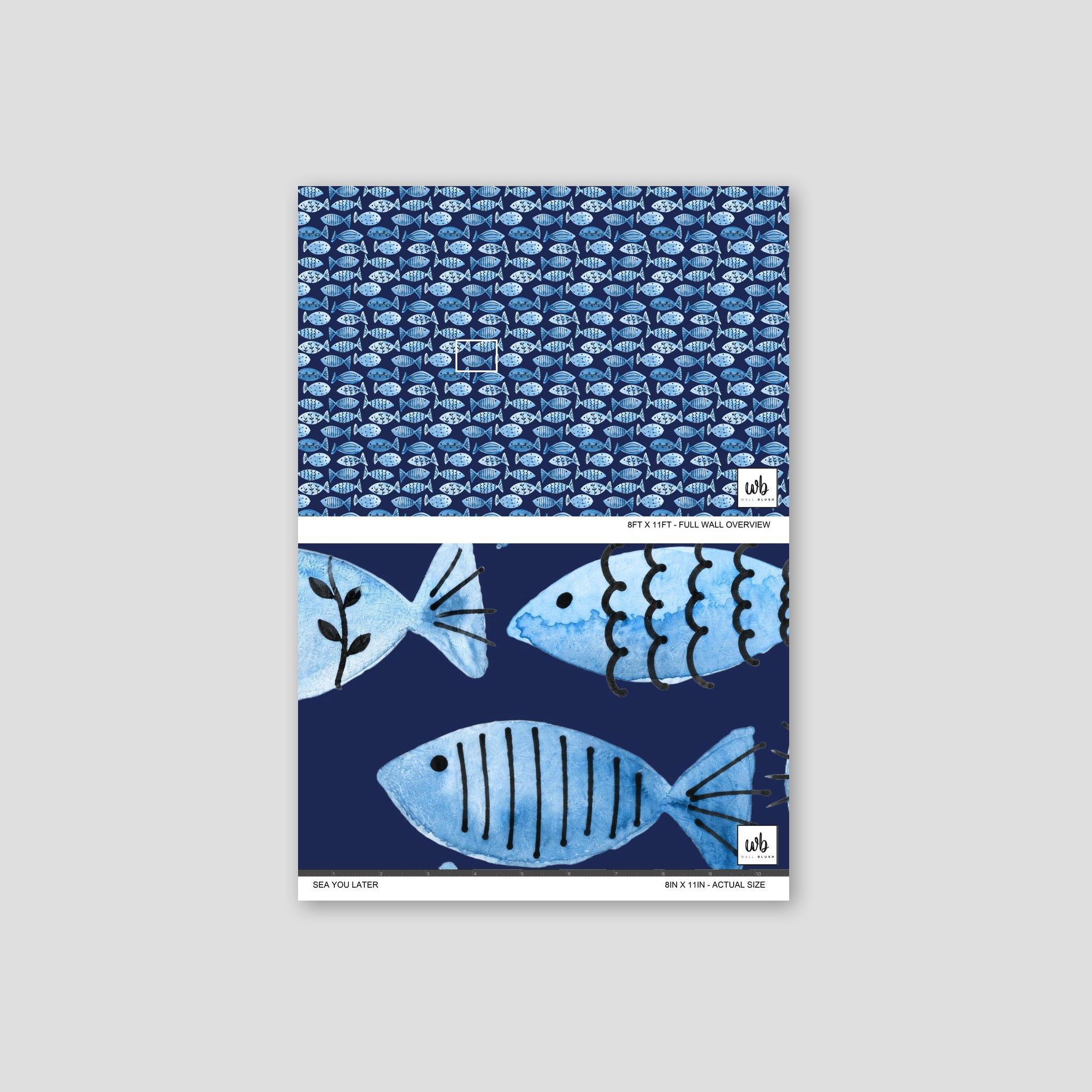 Blue fish pattern wallpaper with whimsical motifs on navy background