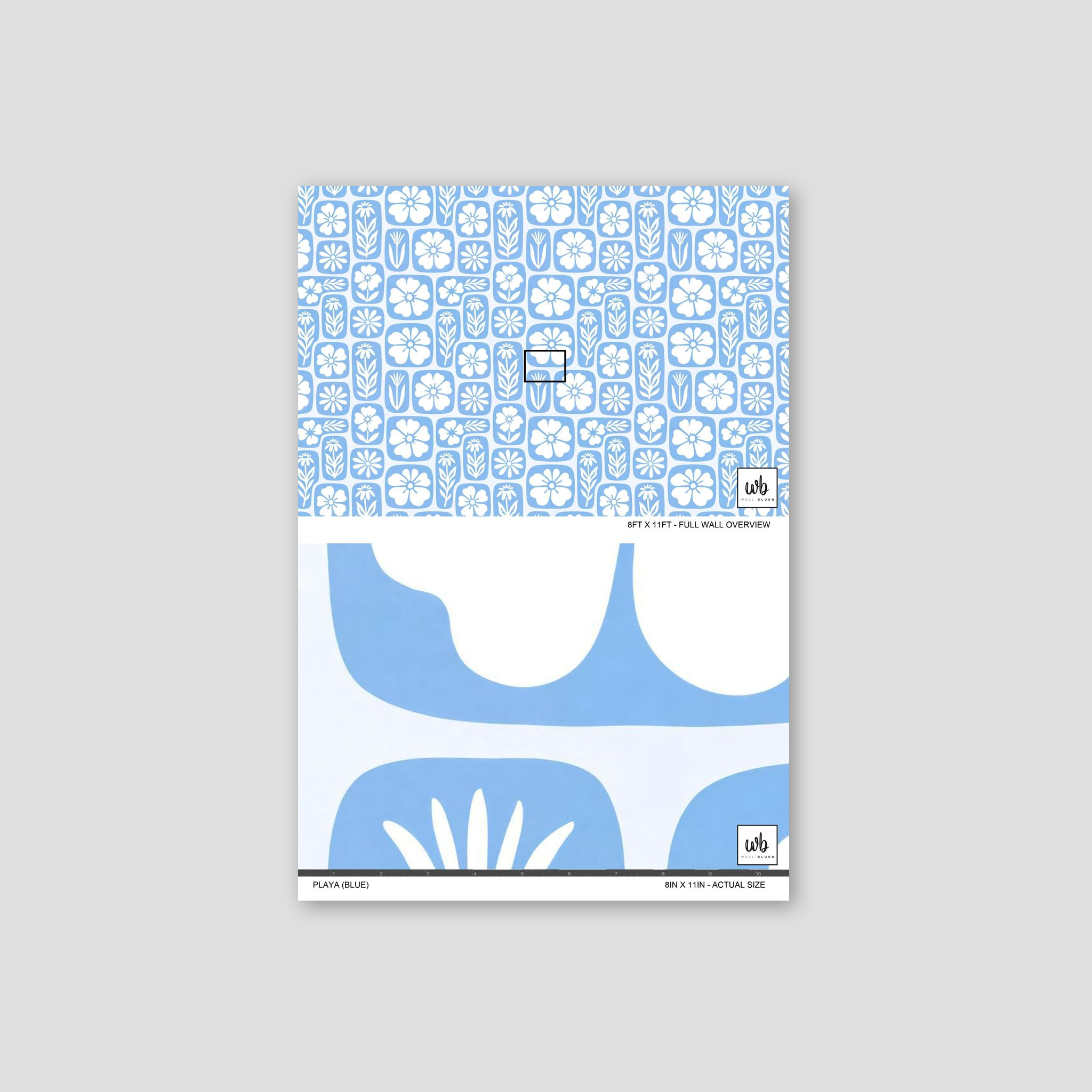Blue floral wallpaper with white botanical silhouettes on cerulean background.