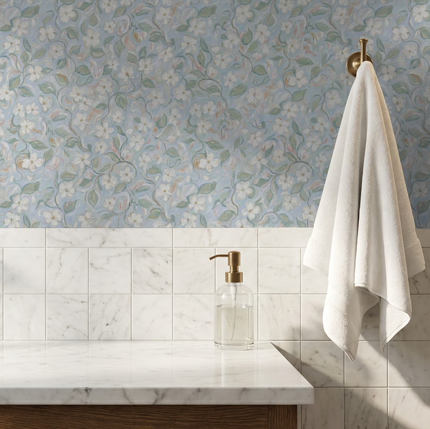 Blue floral wallpaper with white flowers in elegant bathroom setting