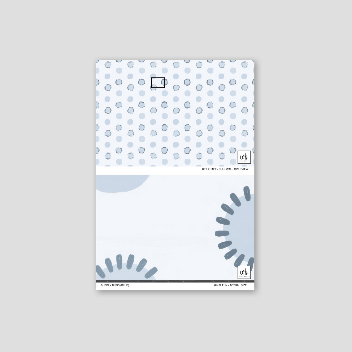 Blue geometric wallpaper with circles and radiating motifs on a sample sheet.