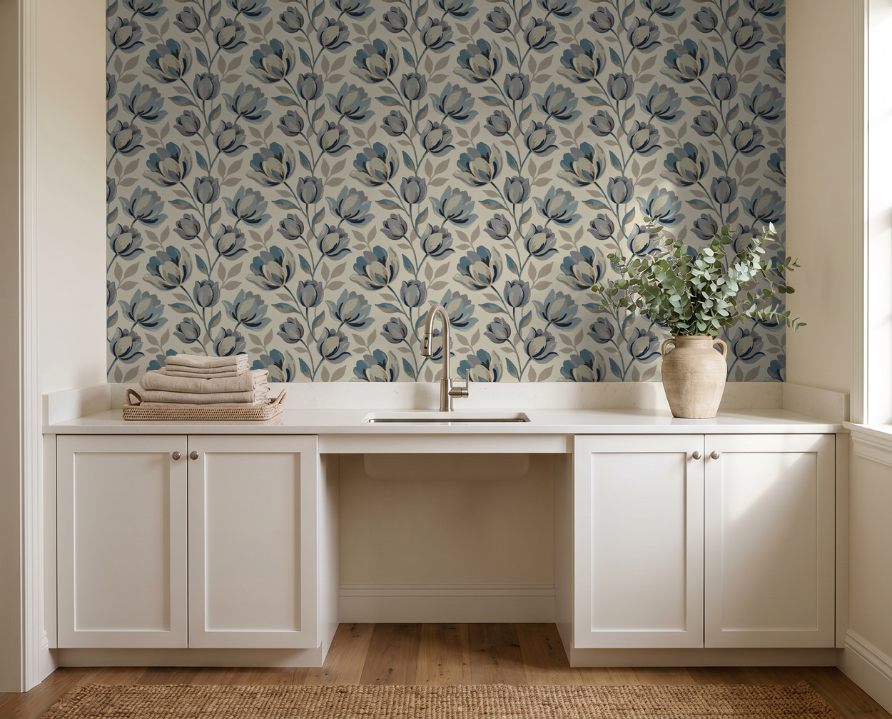 Floral wallpaper with blue and gray tulip pattern in a modern laundry room.