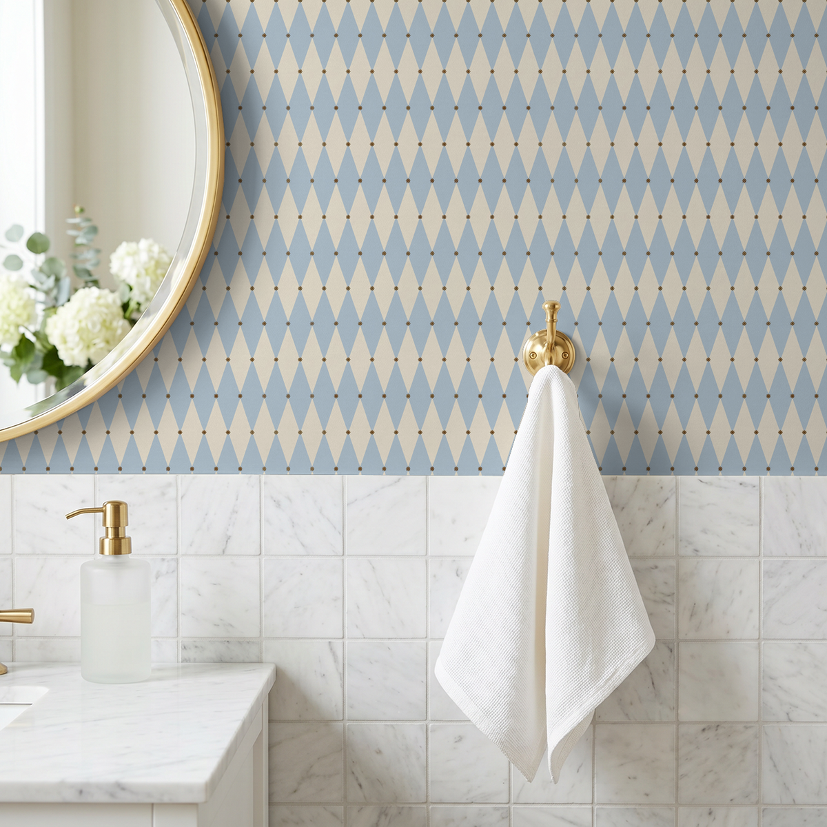 Blue and white argyle geometric wallpaper in modern bathroom setting with gold accents.
