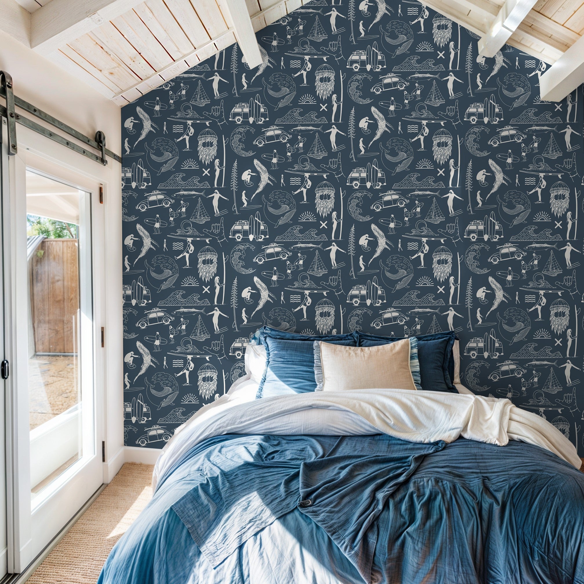 "Coastal themed Saltwater Surf (Blue) Wallpaper by Wall Blush in a modern bedroom, enhancing calm vibes."