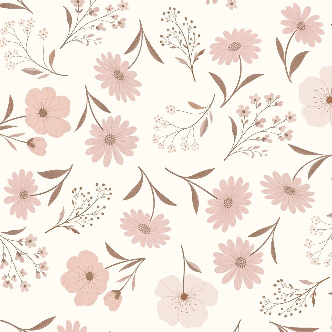 Blush floral wallpaper with delicate botanical pattern on cream background.