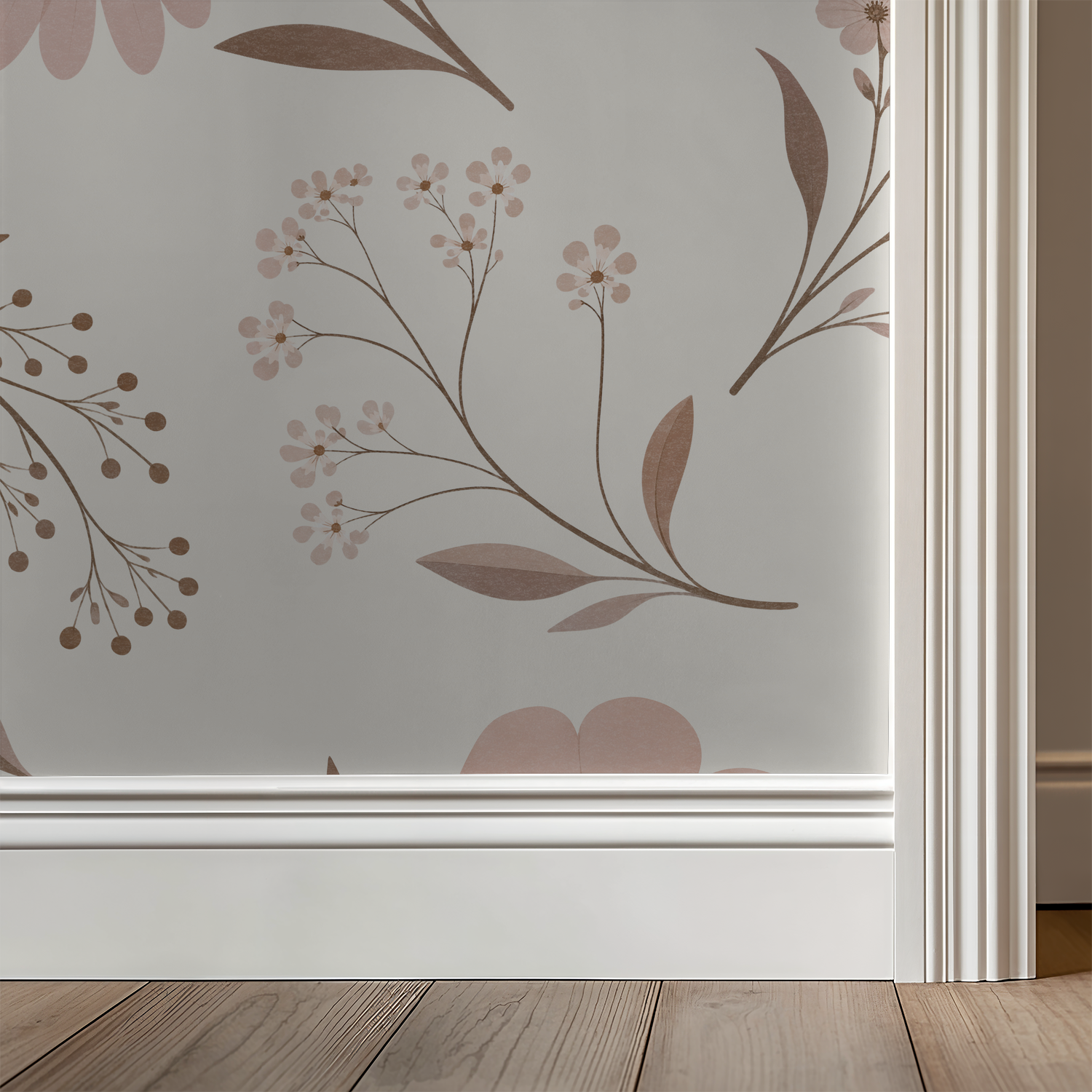 Blush floral wallpaper with delicate botanical pattern in soft tones on a light background.