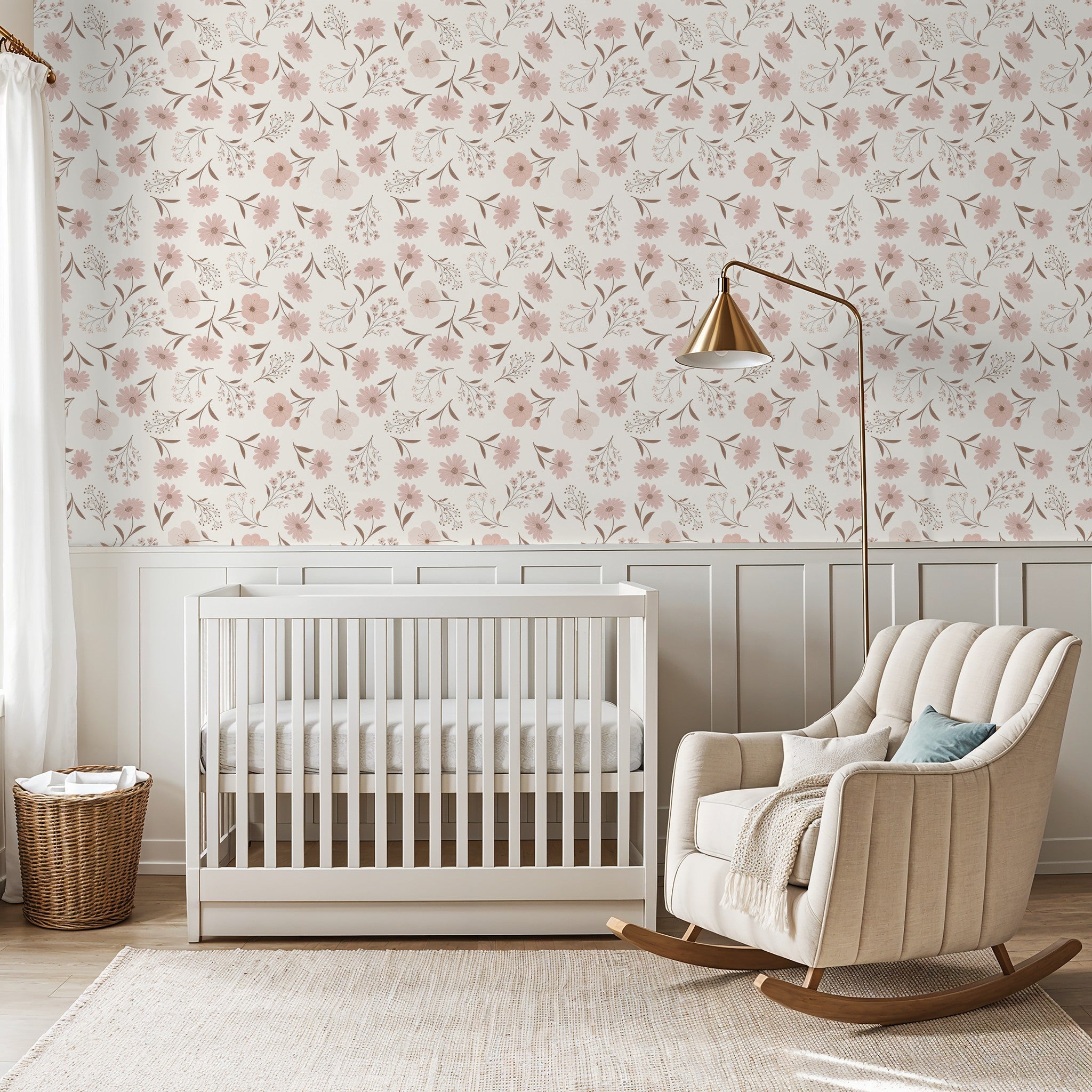 Blush floral wallpaper in nursery with crib and rocking chair, soft and elegant design.