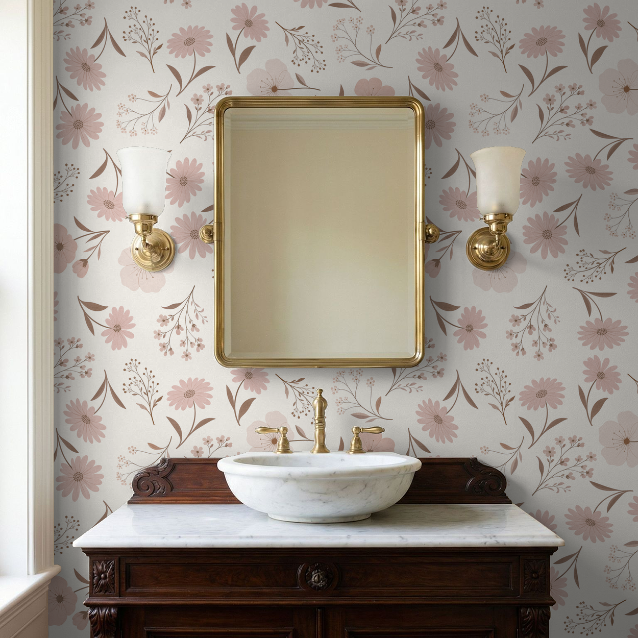 Elegant blush floral wallpaper in vintage bathroom setting with mirror and sconces.