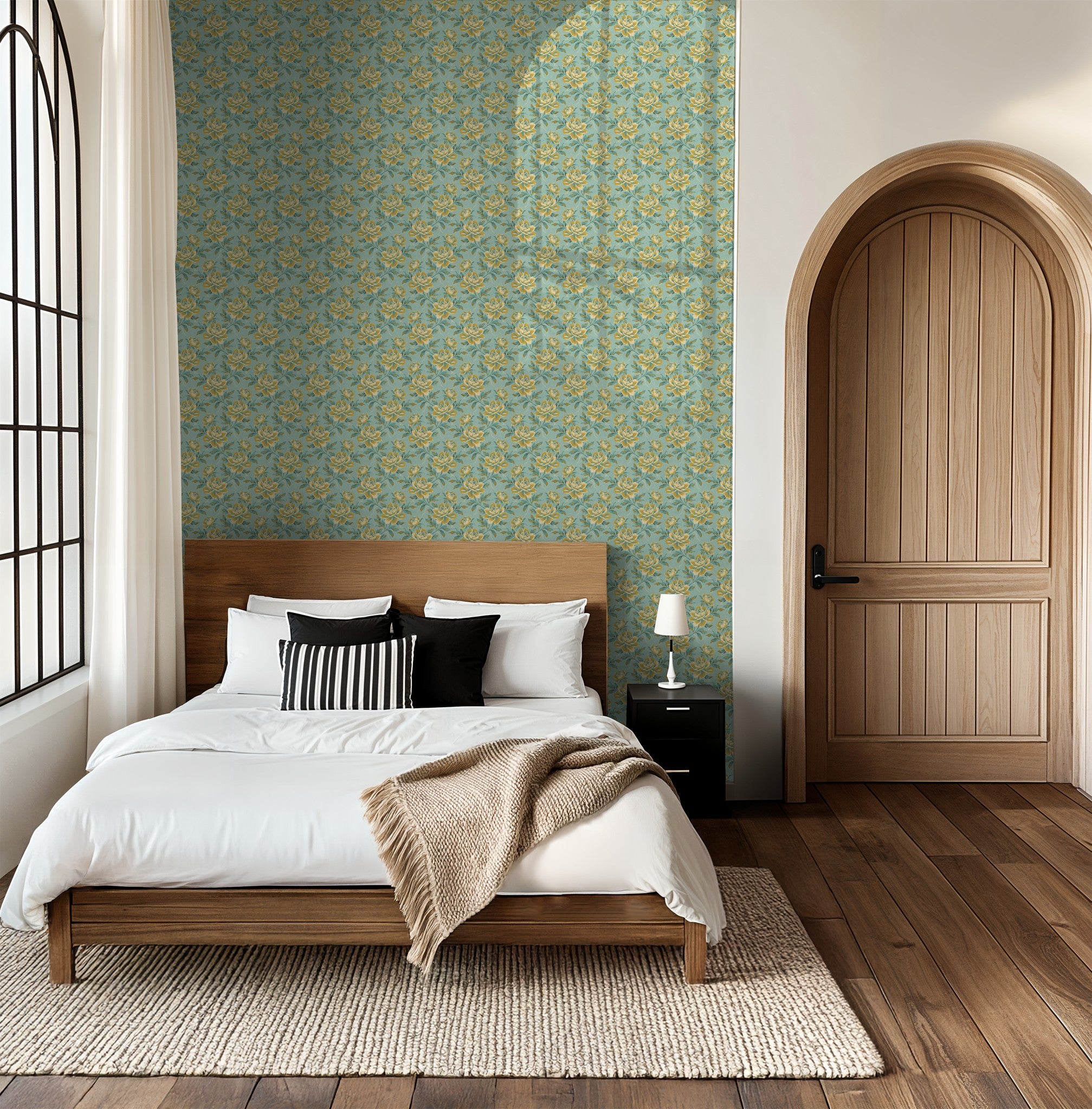 Bold floral wallpaper in golden ochre and teal on turquoise in modern bedroom.