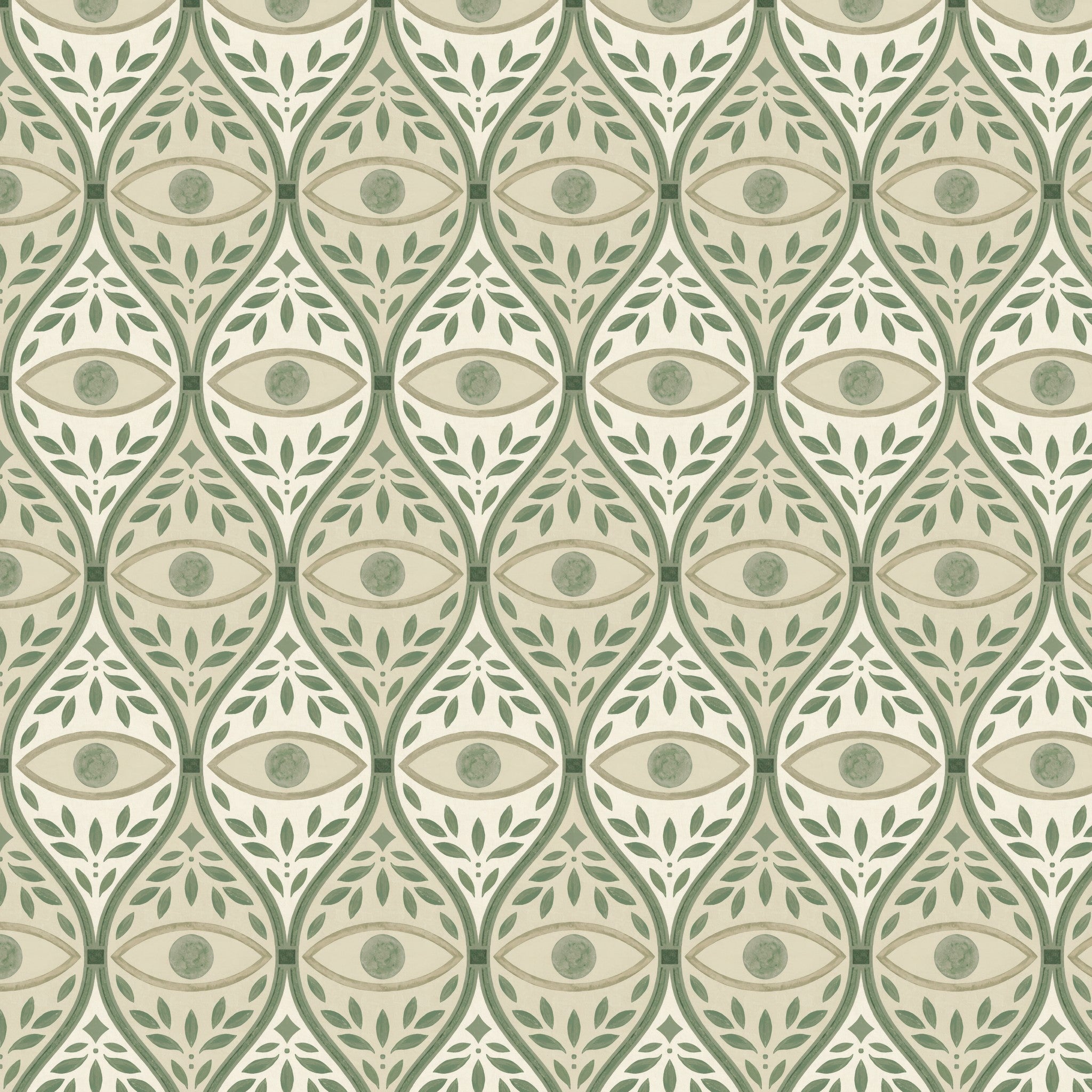 Botanical green patterned wallpaper with geometric leaf motifs.