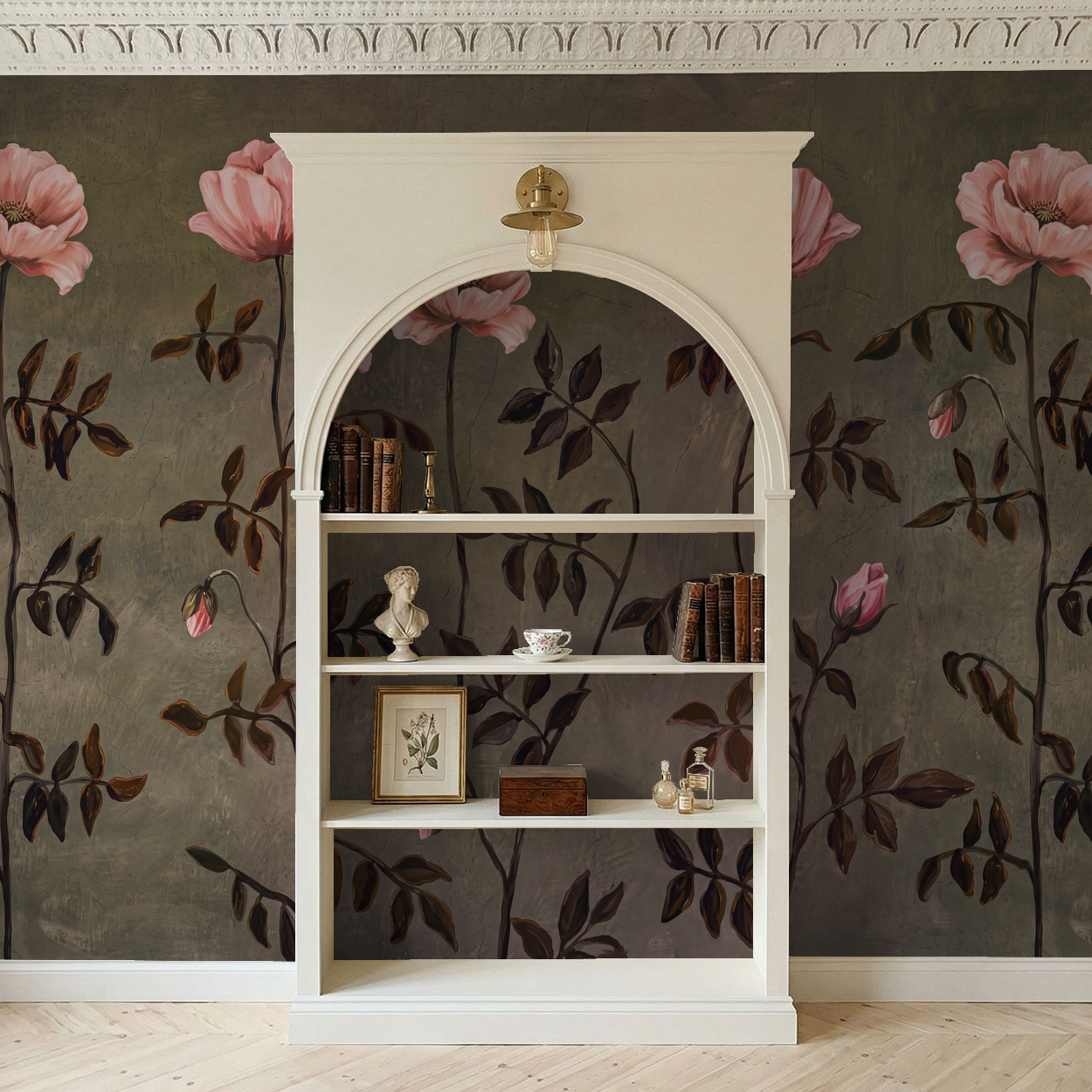 Floral wallpaper with pink blossoms and leaves in elegant room setting.