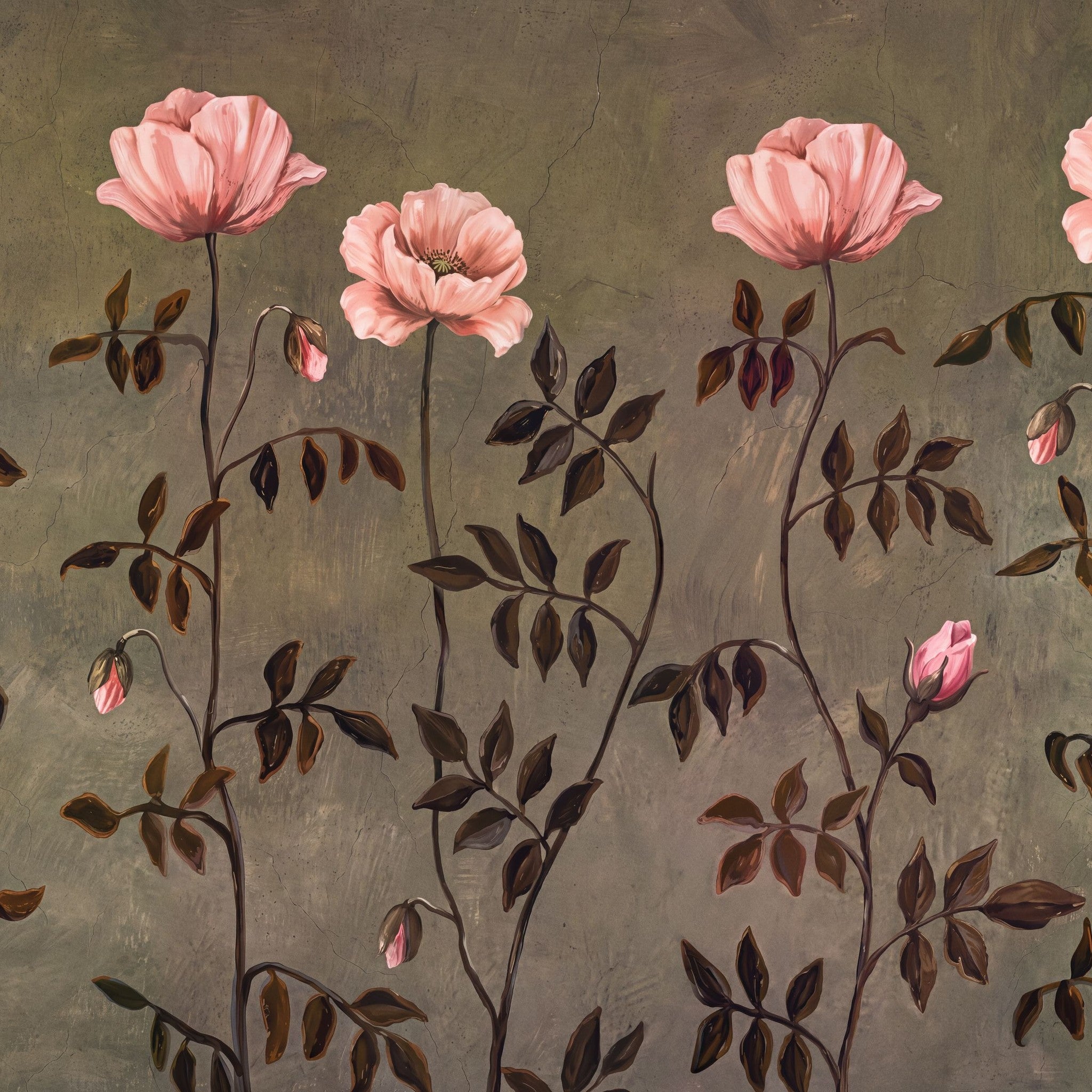 Bradshaw wallpaper with pink blossoms on earthy background, floral botanical design.