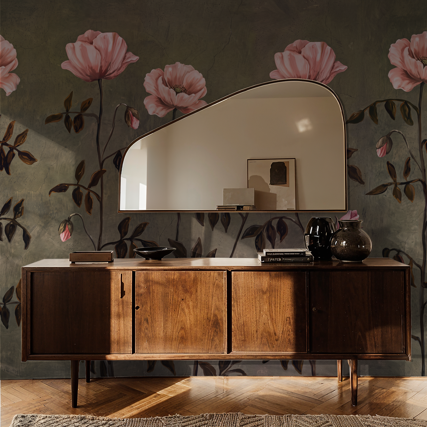 Vintage floral wallpaper with pink blossoms and wooden sideboard in elegant room.