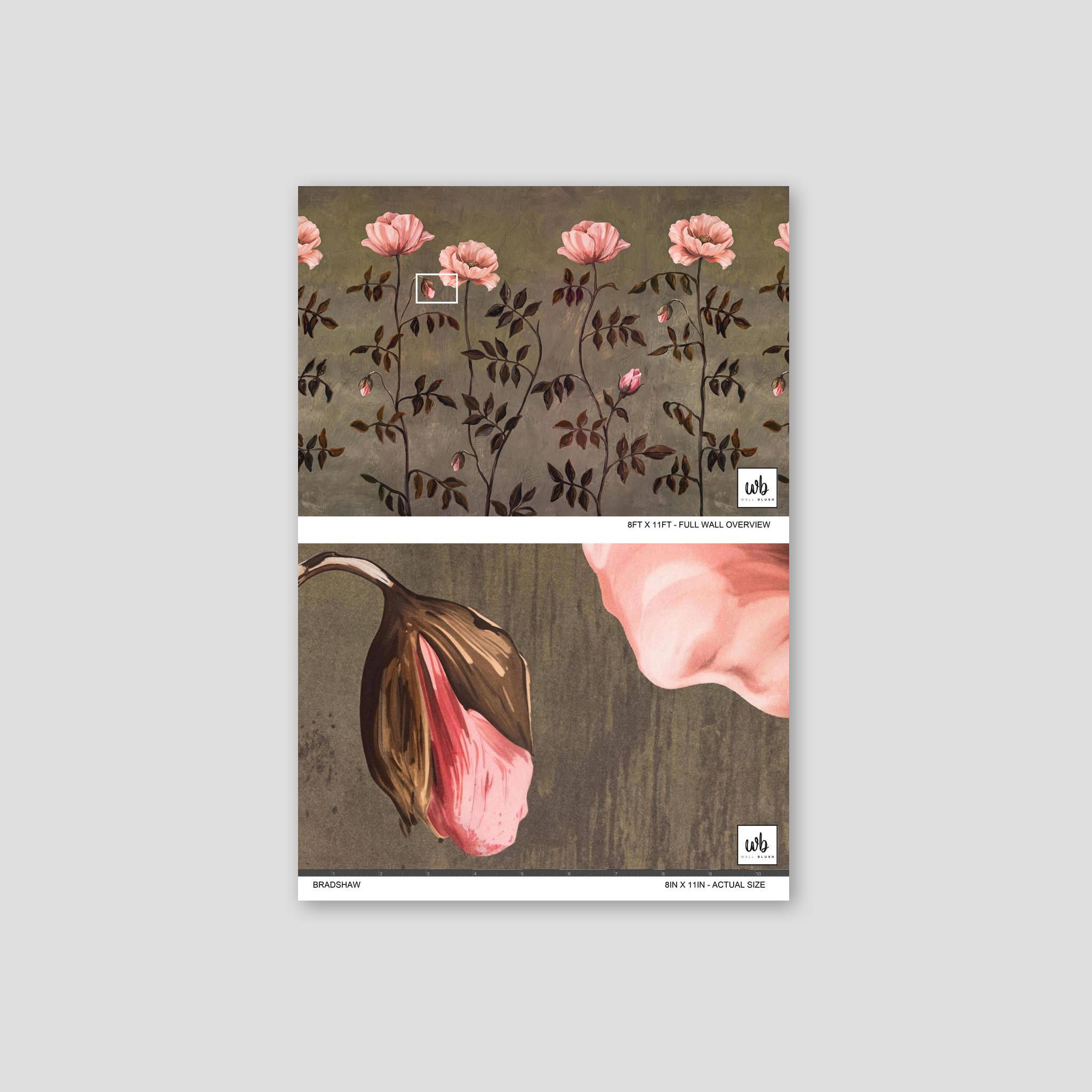 Bradshaw wallpaper with soft pink blossoms on earthy background, floral sample.