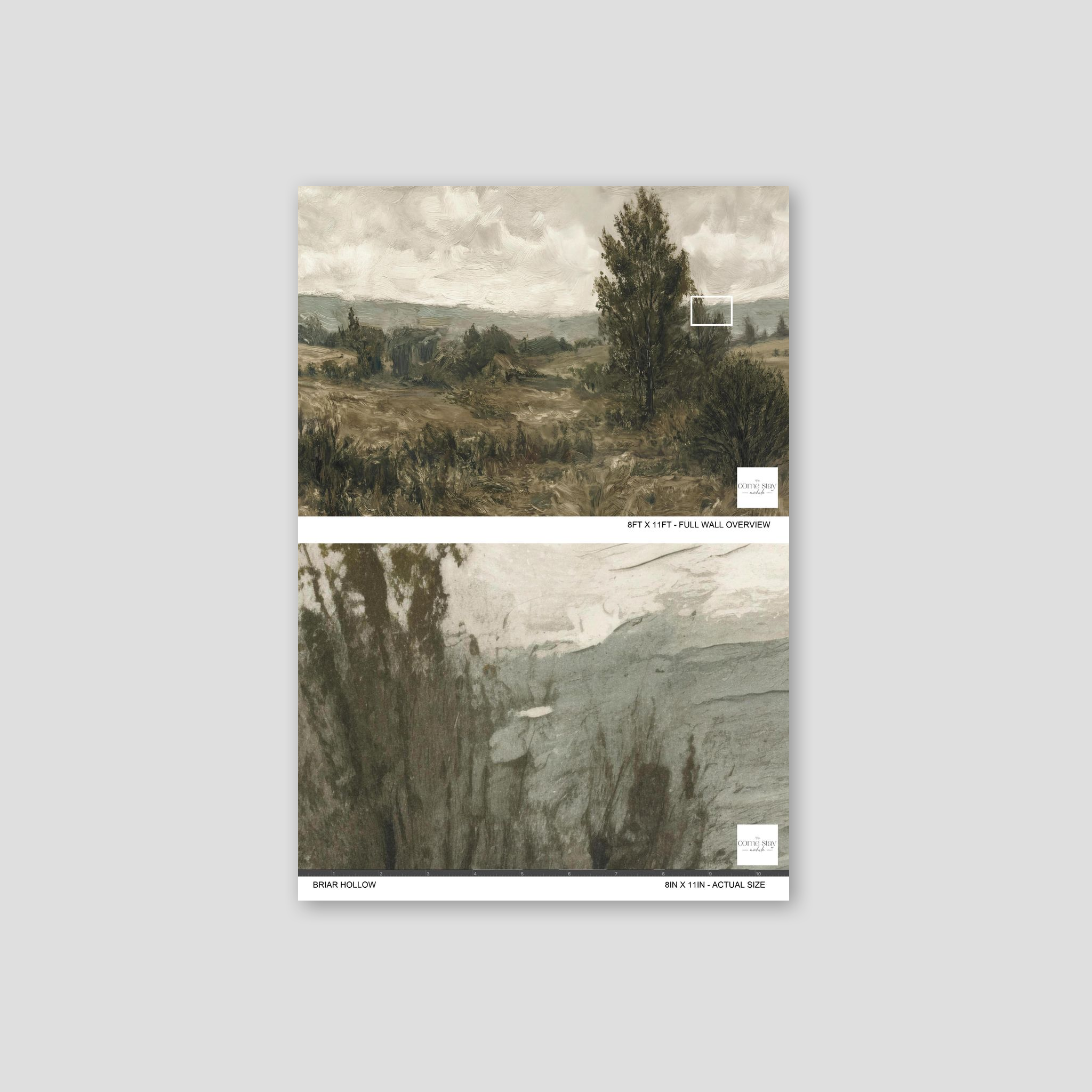 Briar Hollow wallpaper with serene landscape in earthy browns and greens.