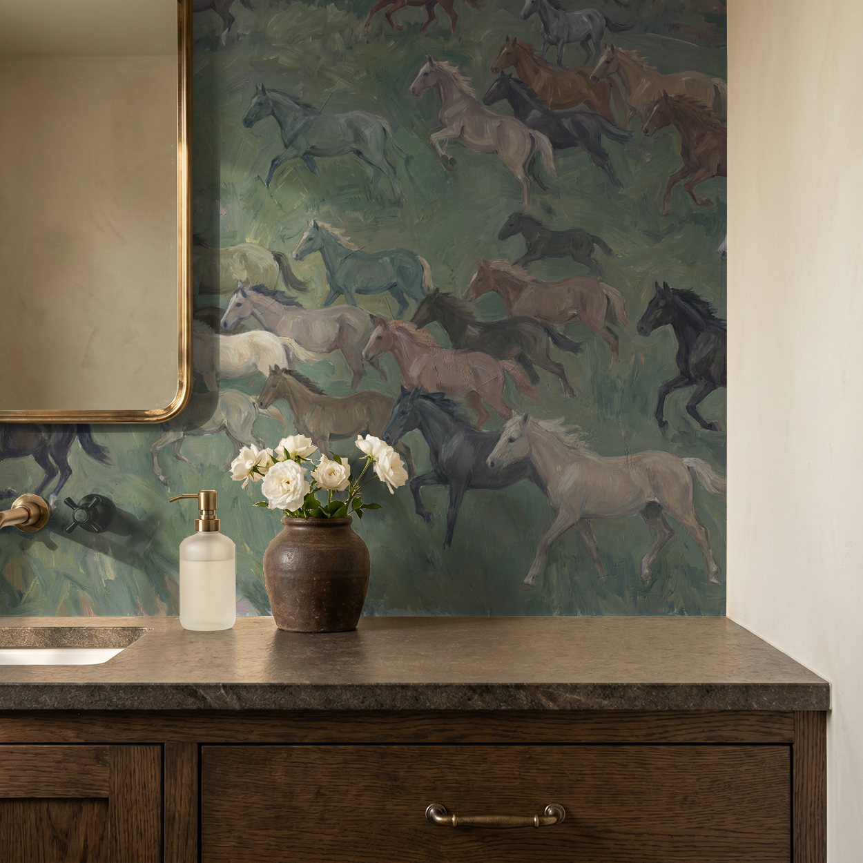 Horse-patterned wallpaper in rustic bathroom with wooden vanity and flowers.