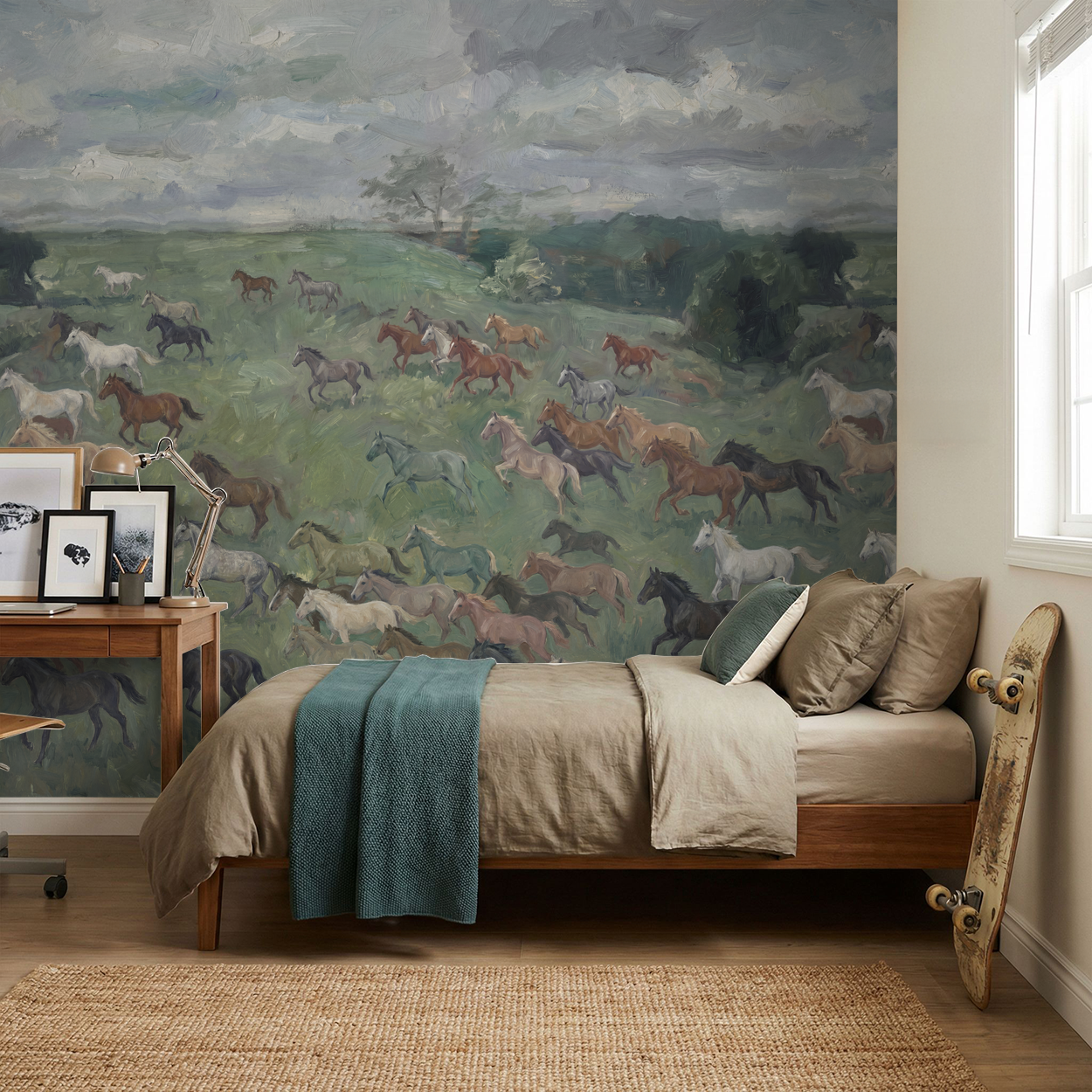 Bridlewood horse wallpaper in rustic bedroom with natural decor.