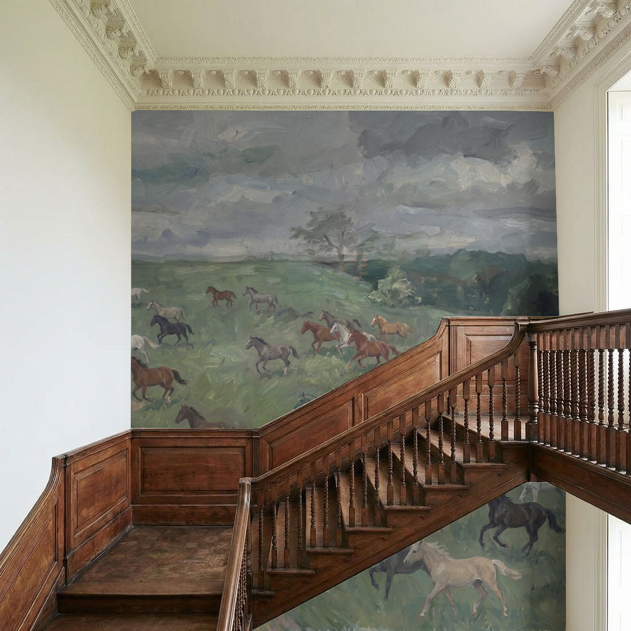 Bridlewood wallpaper with horses in lush meadow on staircase wall.