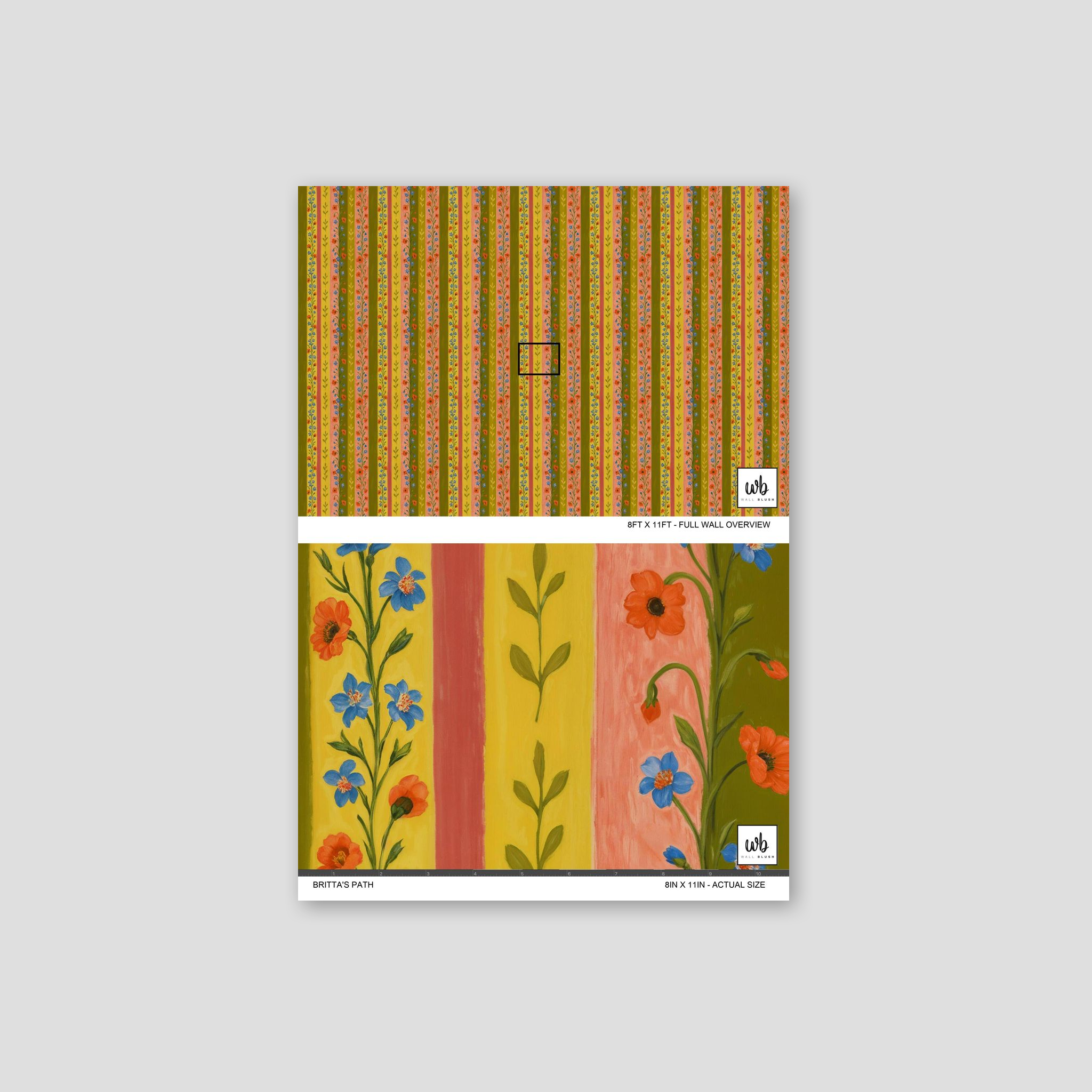Vertical striped wallpaper with olive, mustard, coral and floral motifs.