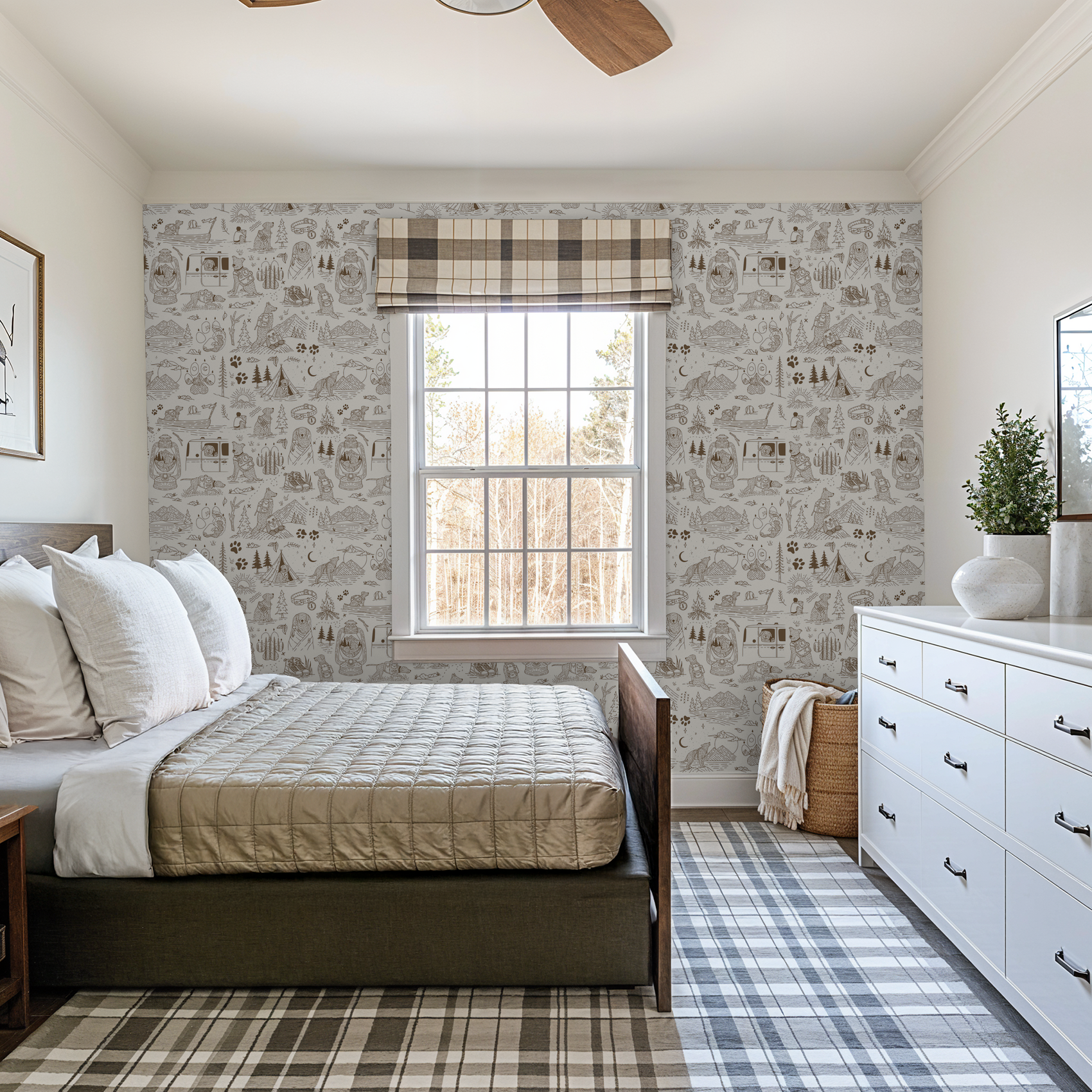 Brown and cream camping dog wallpaper in cozy bedroom with plaid decor.