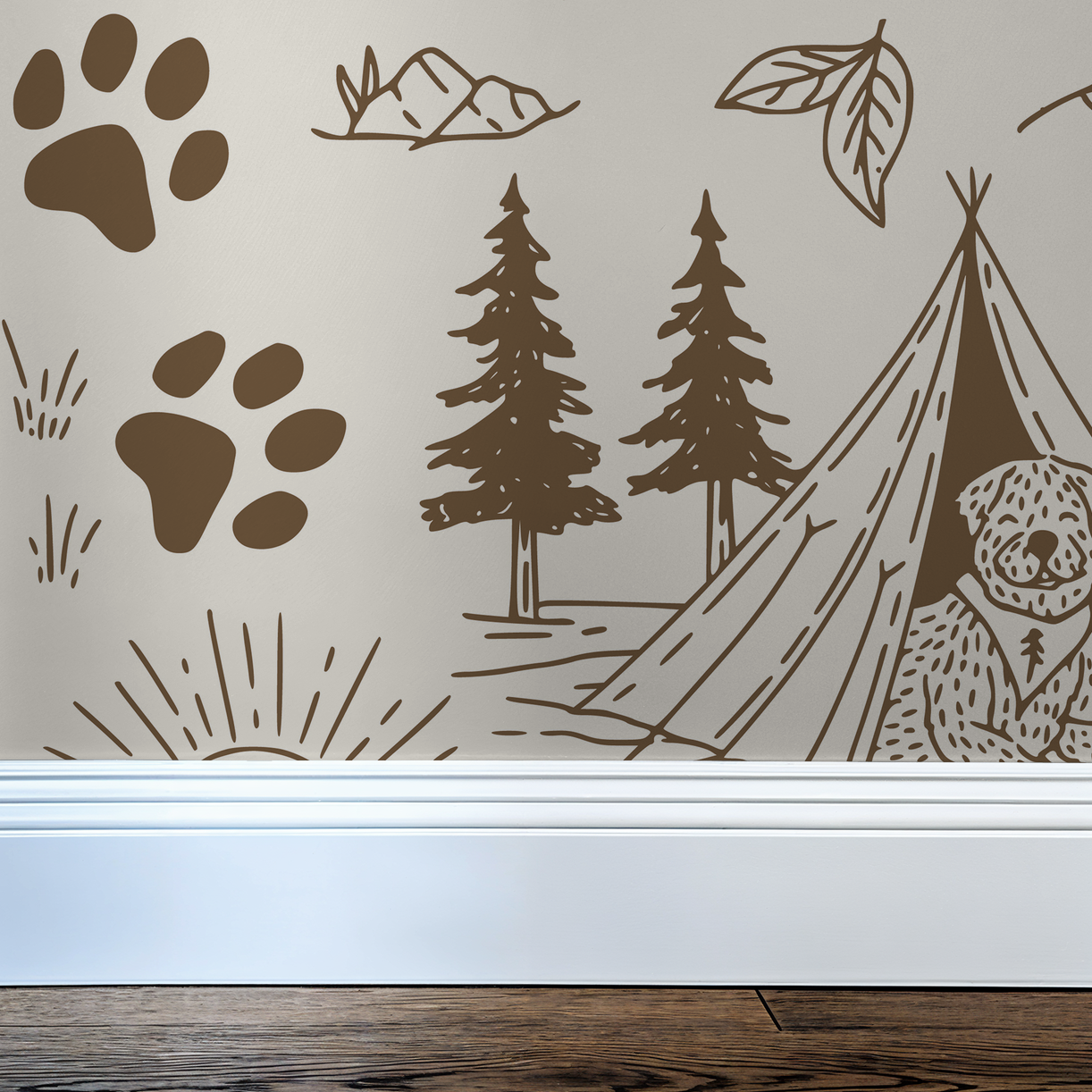 Brown and cream camping dog wallpaper with trees and paw prints.