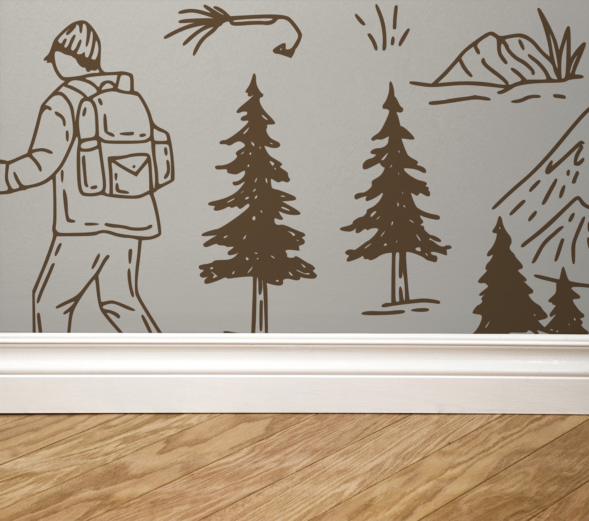 Brown and cream hiking motif wallpaper with trees and mountains.