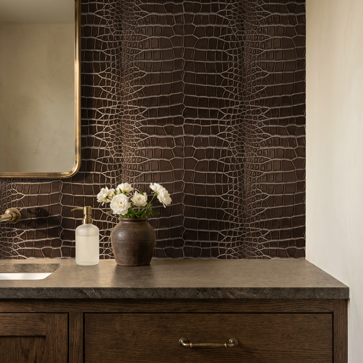 Brown crocodile pattern wallpaper in elegant bathroom setting with flowers.