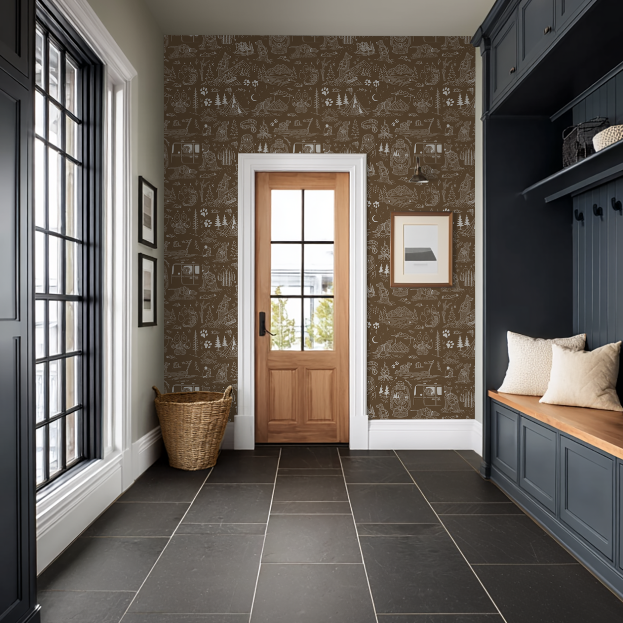 Brown wallpaper with cream dog and nature illustrations in a cozy entryway.