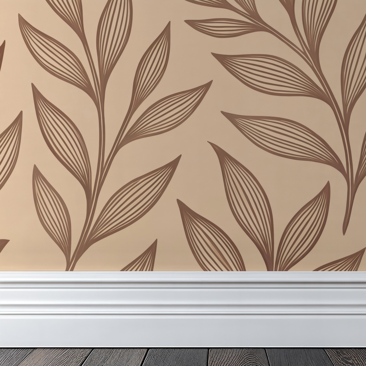 Brown vine pattern on beige wallpaper with white baseboard and dark wood floor.