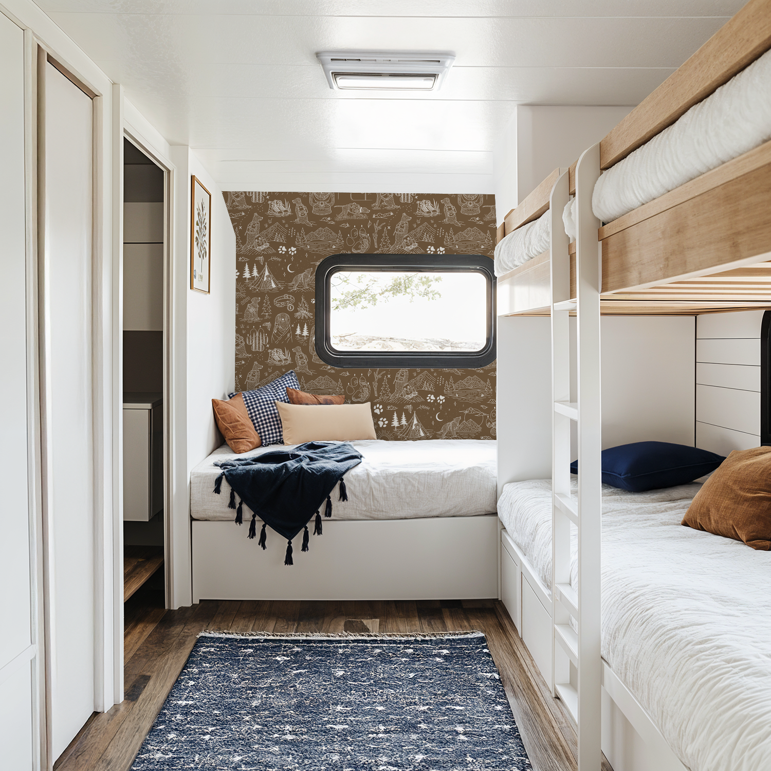 Brown whimsical dog and nature wallpaper in cozy bedroom with bunk beds.