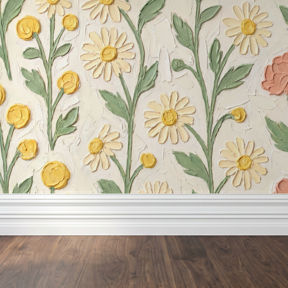 Floral wallpaper with yellow daisies and green leaves on cream background in a room setting.