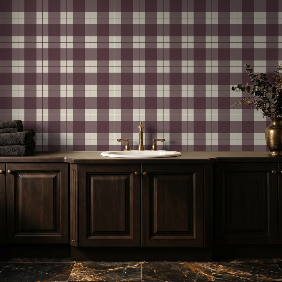 Burgundy and cream plaid wallpaper in elegant bathroom setting.