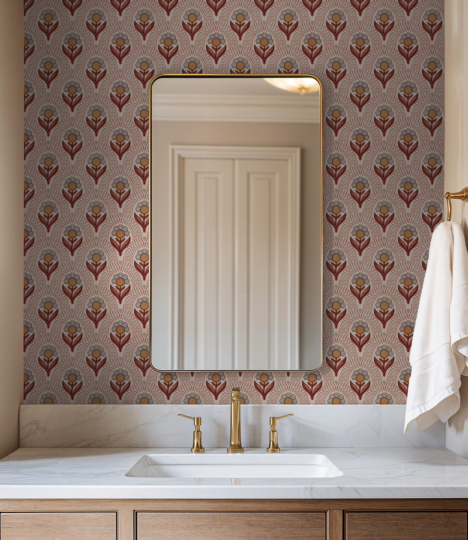 Camellia's Charm wallpaper with rust and ochre florals in a bathroom setting.