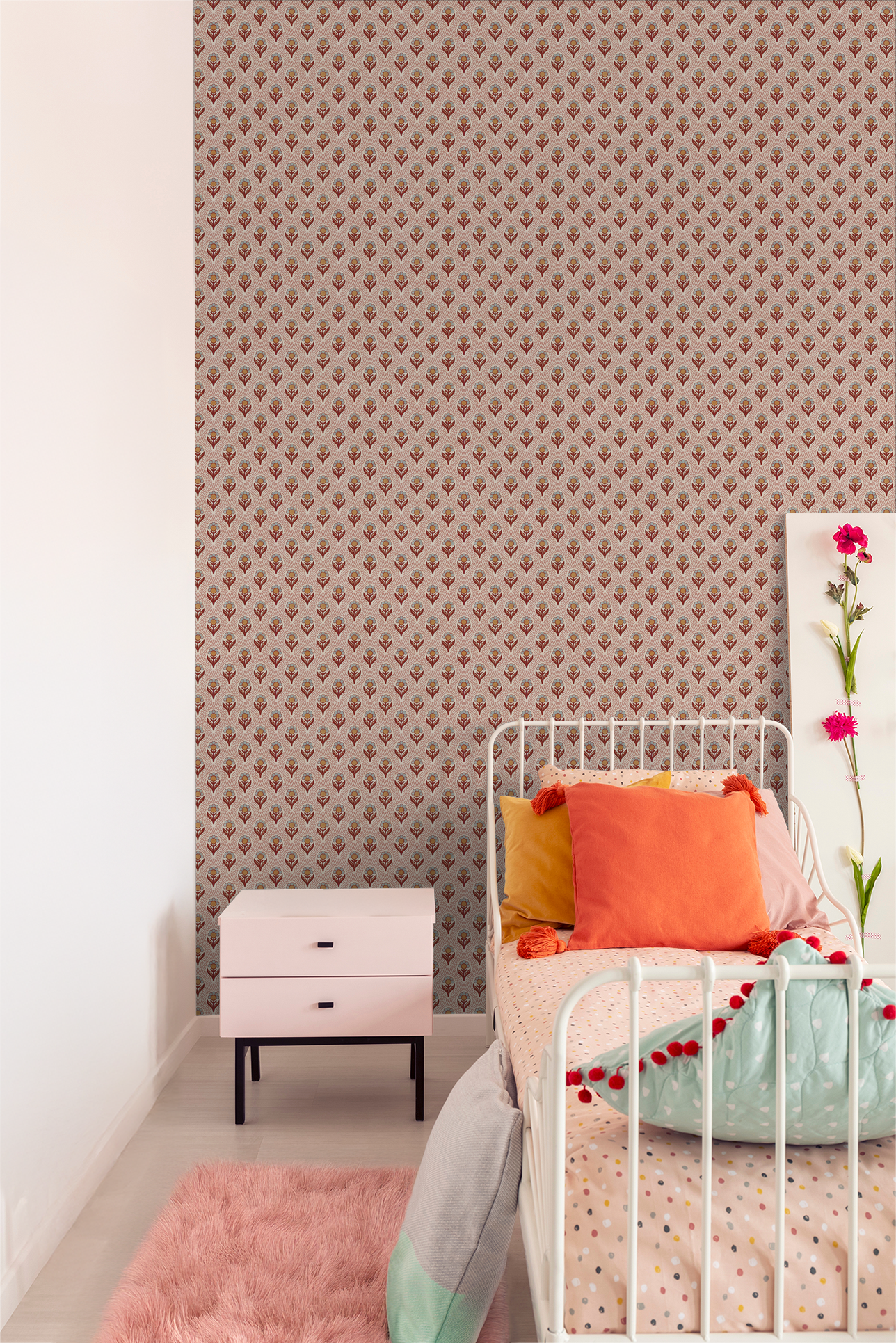 Camellia's Charm wallpaper with floral pattern in a cozy bedroom setting.