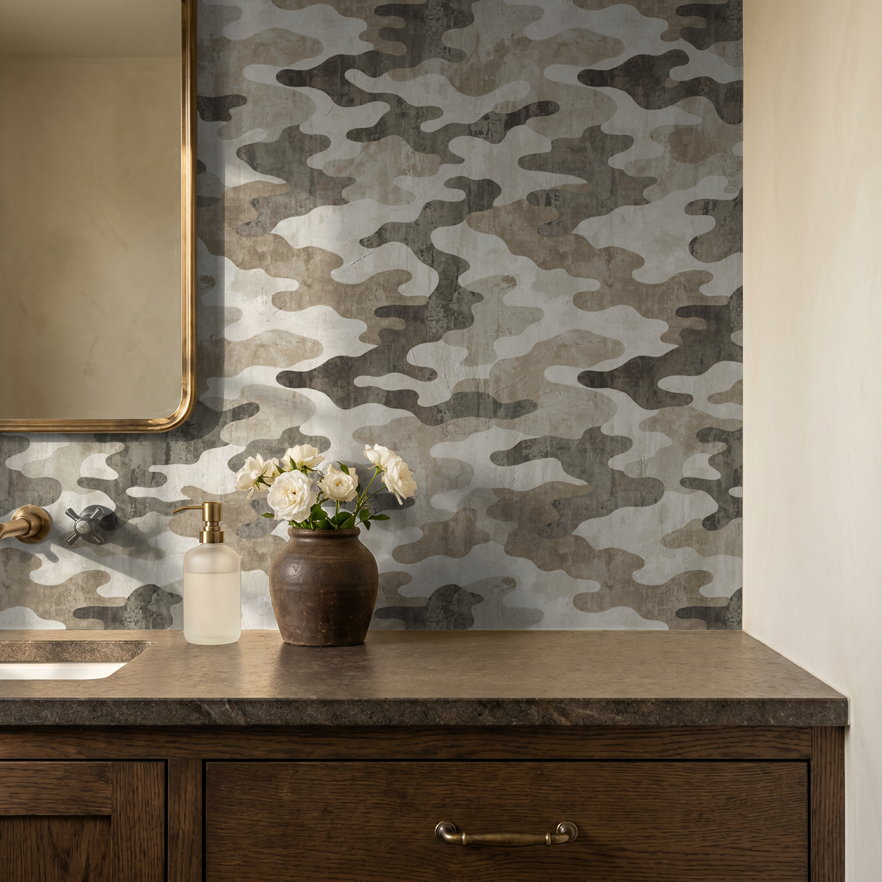 Camouflage pattern wallpaper in earth tones in a rustic bathroom setting.