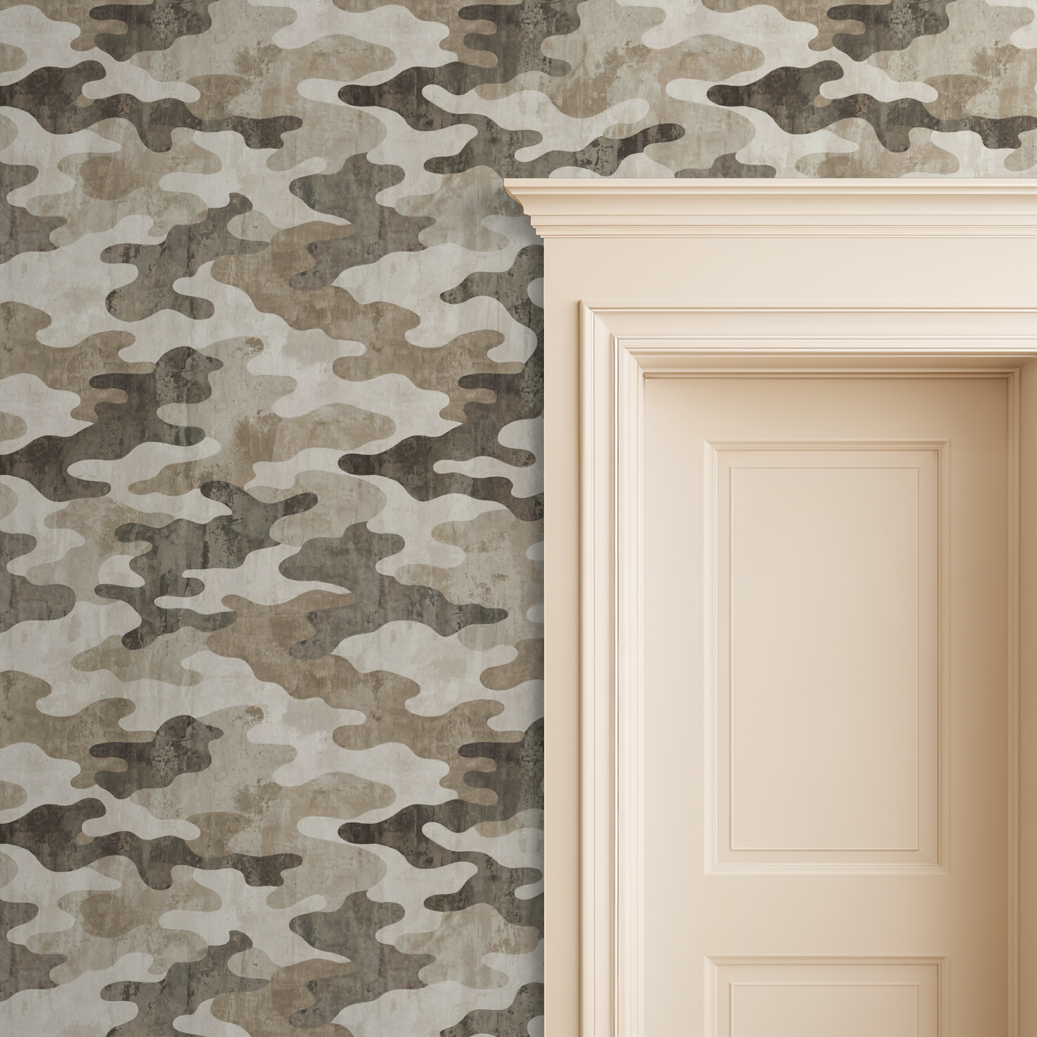 Camouflage wallpaper with earth tones in a room with a beige door frame.