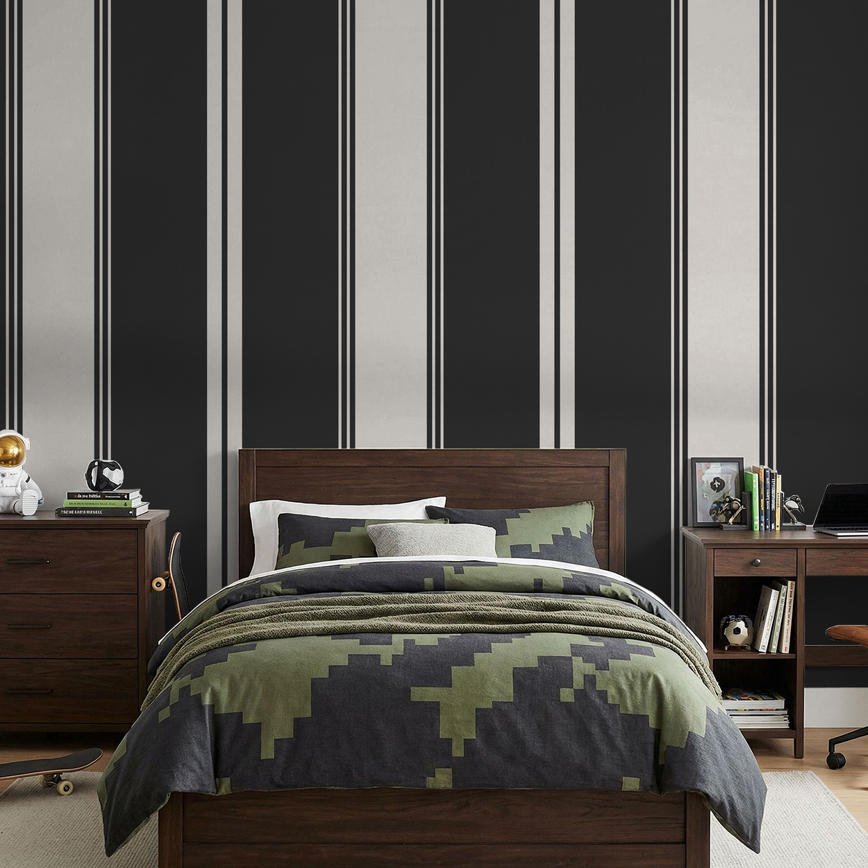 Charcoal and cream striped wallpaper in modern bedroom with wooden furniture.