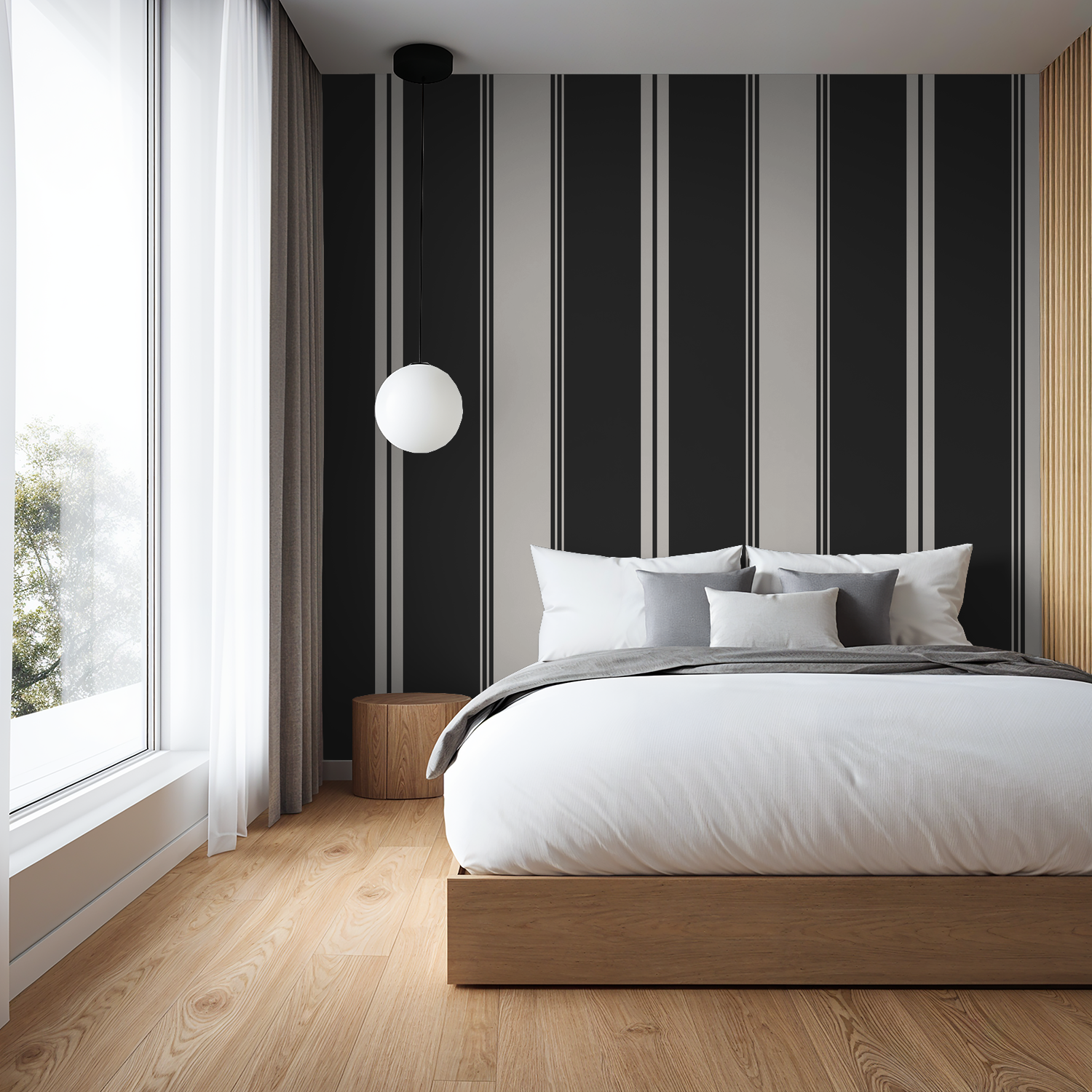 Modern bedroom with charcoal striped wallpaper and minimalist decor.