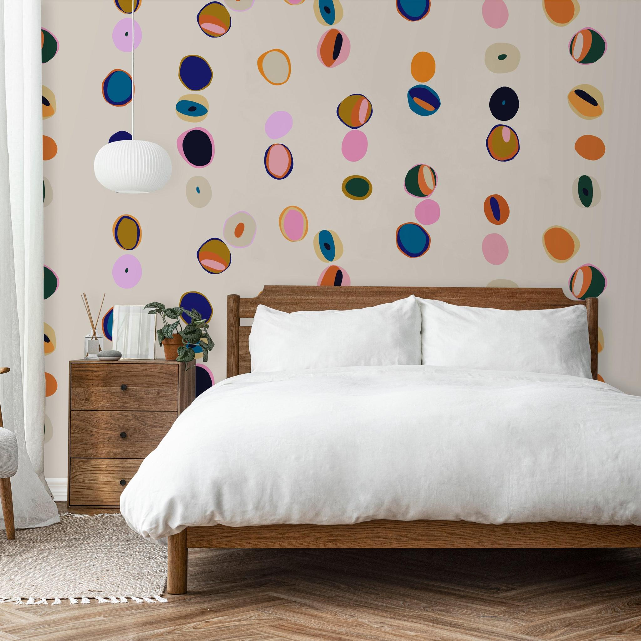 Lacey Wallpaper by Wall Blush SG02 in a modern bedroom, focusing on colorful wall decor.