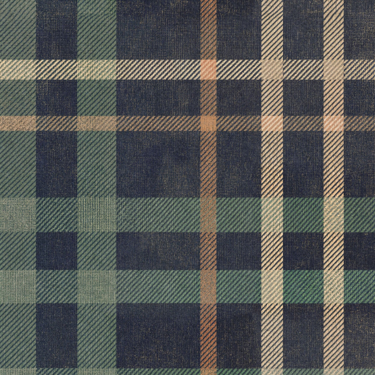 Classic plaid wallpaper in navy, green, and beige with textured crosshatch pattern.