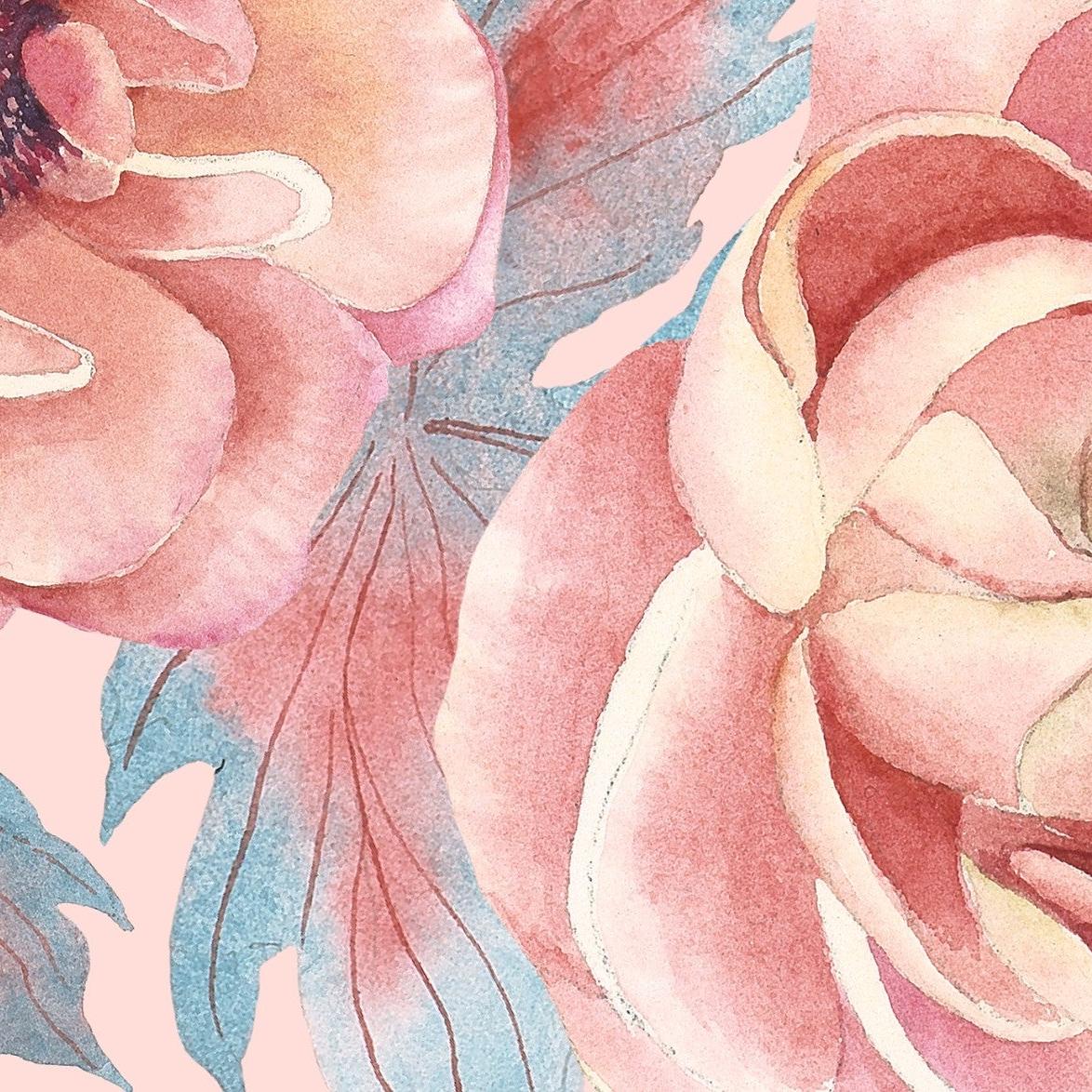 Blush Garden Wallpaper by The Nida Jahain Line in a living room, focusing on floral designs and colors.
(Note: Since the provided image is a close-up view of the wallpaper design without a visible room context, the type of room has been assumed to be a living room for the purpose of the alt text.)