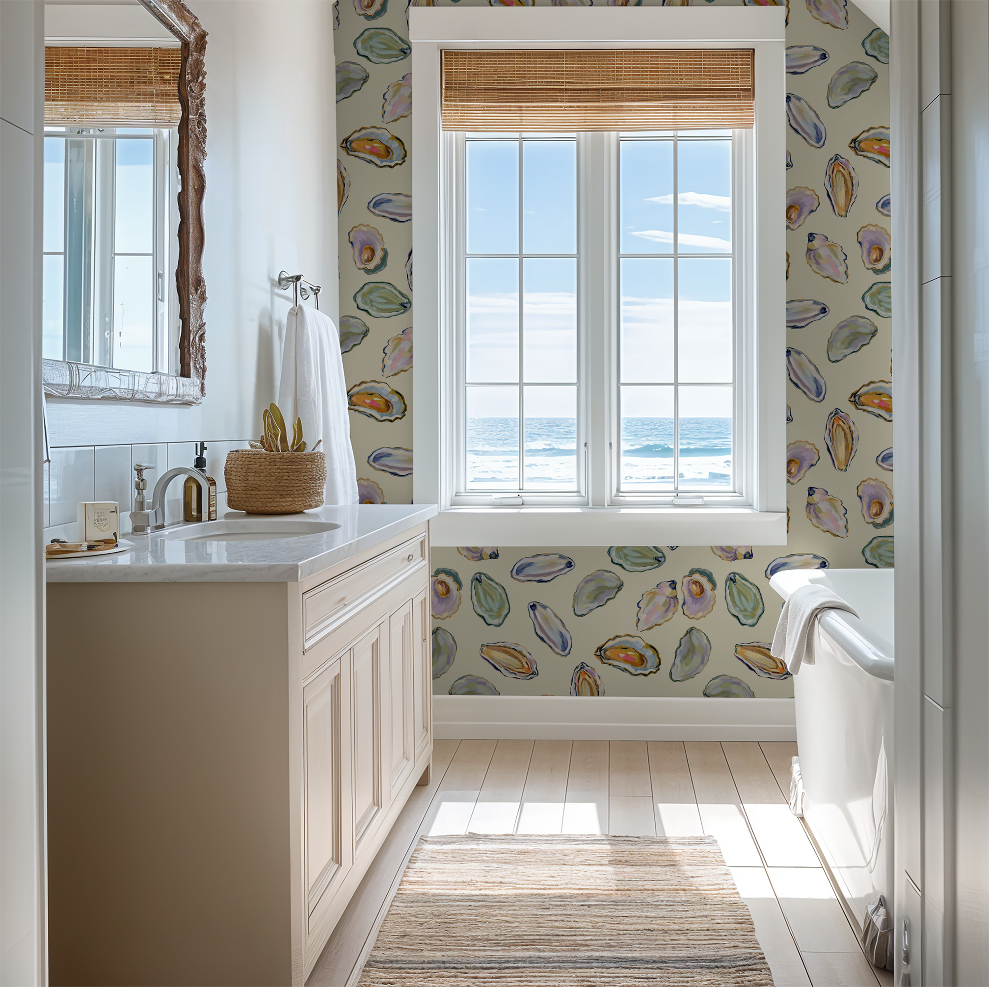 Bathroom with coastal shell pattern wallpaper in soft pastels, ocean view.