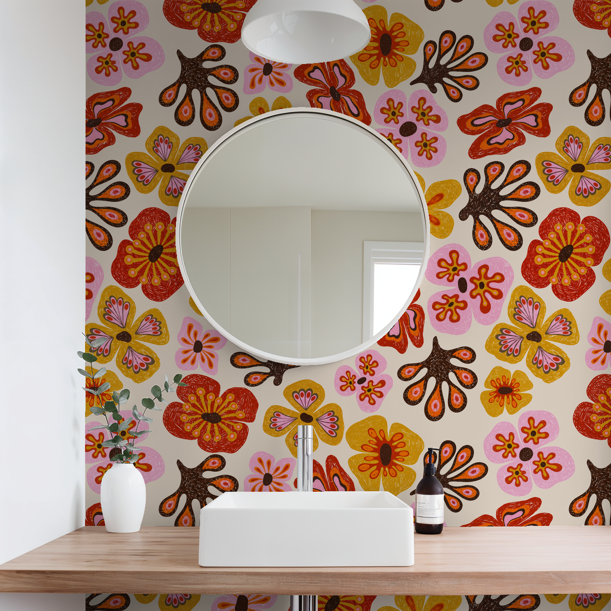 Colorful floral wallpaper with red, pink, and yellow flowers in a modern bathroom setting.