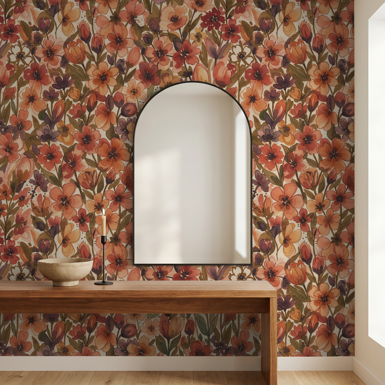 Colorful floral wallpaper with orange and purple flowers in a modern room setting.