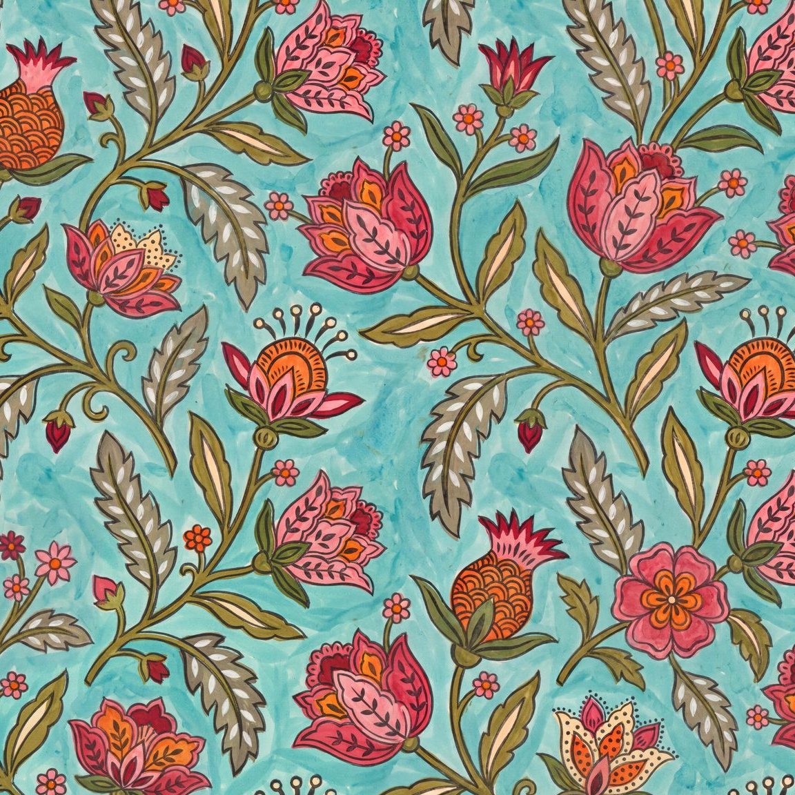 Colorful floral wallpaper with red and orange motifs on teal background