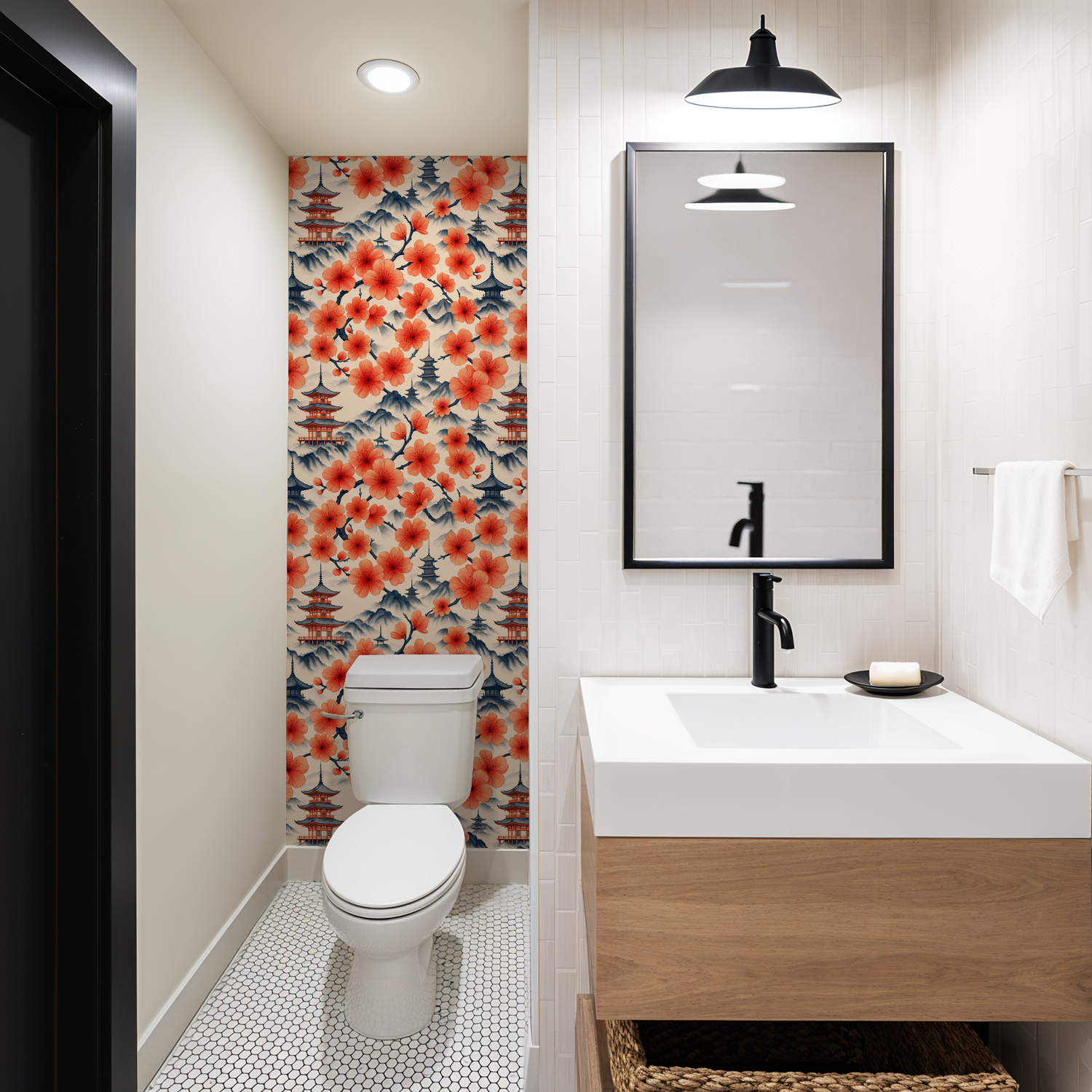 Coral floral and pagoda wallpaper in modern bathroom setting
